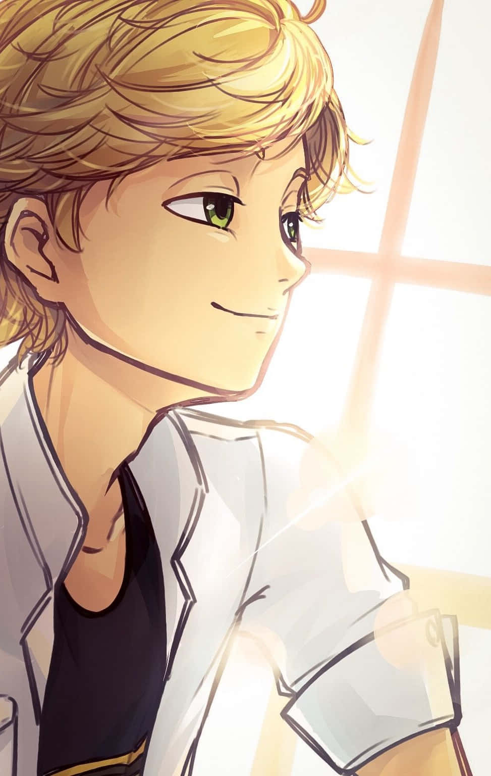 Adrien Agreste 桌布 壁紙 — 一個開朗的動畫男孩，金髮碧眼，在身後窗戶透進的陽光中溫柔微笑。