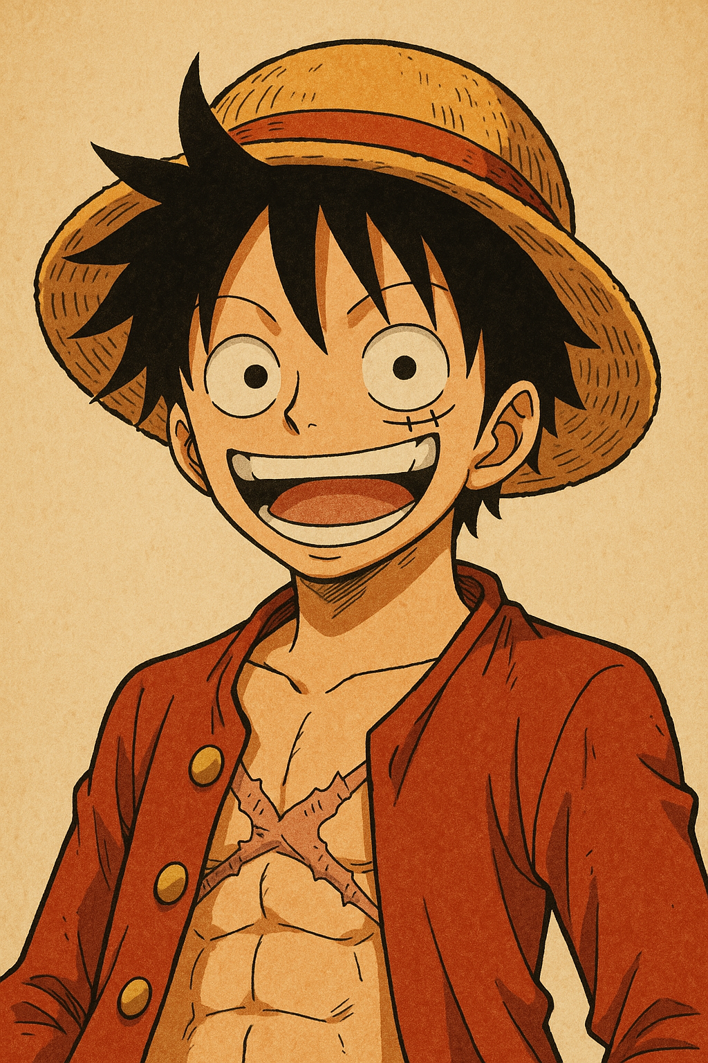 luffy 4K 桌布 壁紙 — 一個開朗的動畫男孩，黑色刺蝟頭，戴著草帽，穿著紅色外套，在米色背景上咧嘴大笑。