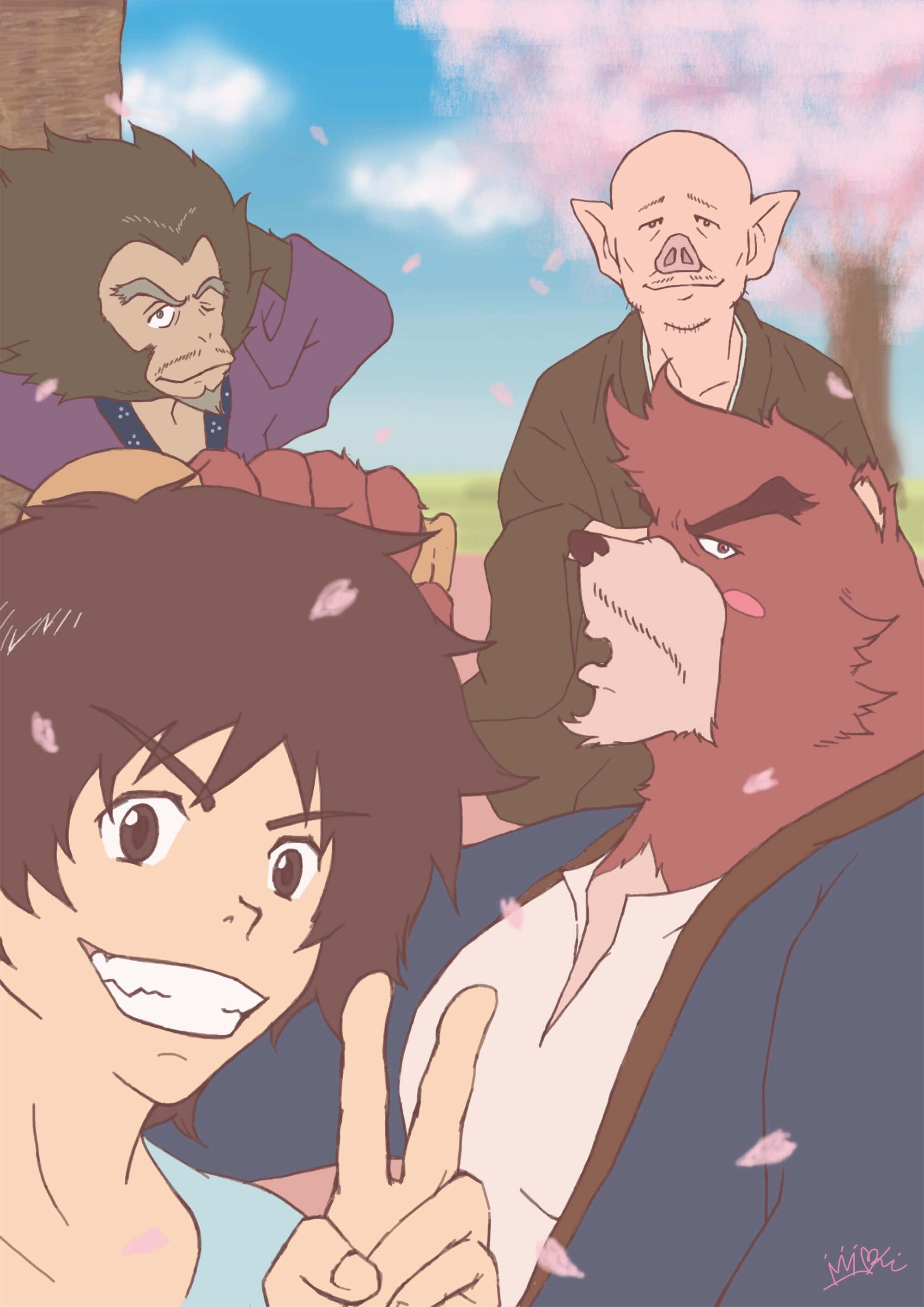 The Boy And The Beast 桌布 壁紙 — 一個開朗的動畫男孩在飄落的櫻花下，在一隻脾氣暴躁的熊和兩個擬人化的動物長輩旁邊比出和平手勢。