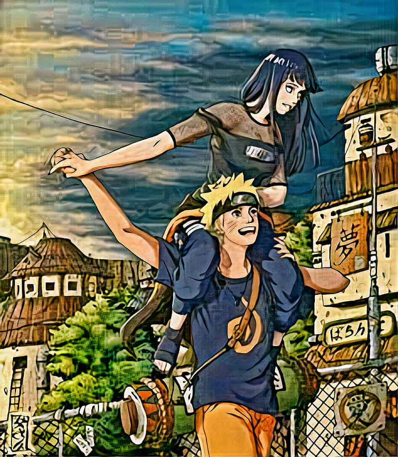 漩渦鳴人 桌布 壁紙 — 一個開朗的動畫男孩背著一個女孩穿過一個有傳統木建築和茂密綠意的鄉村，天空多雲。