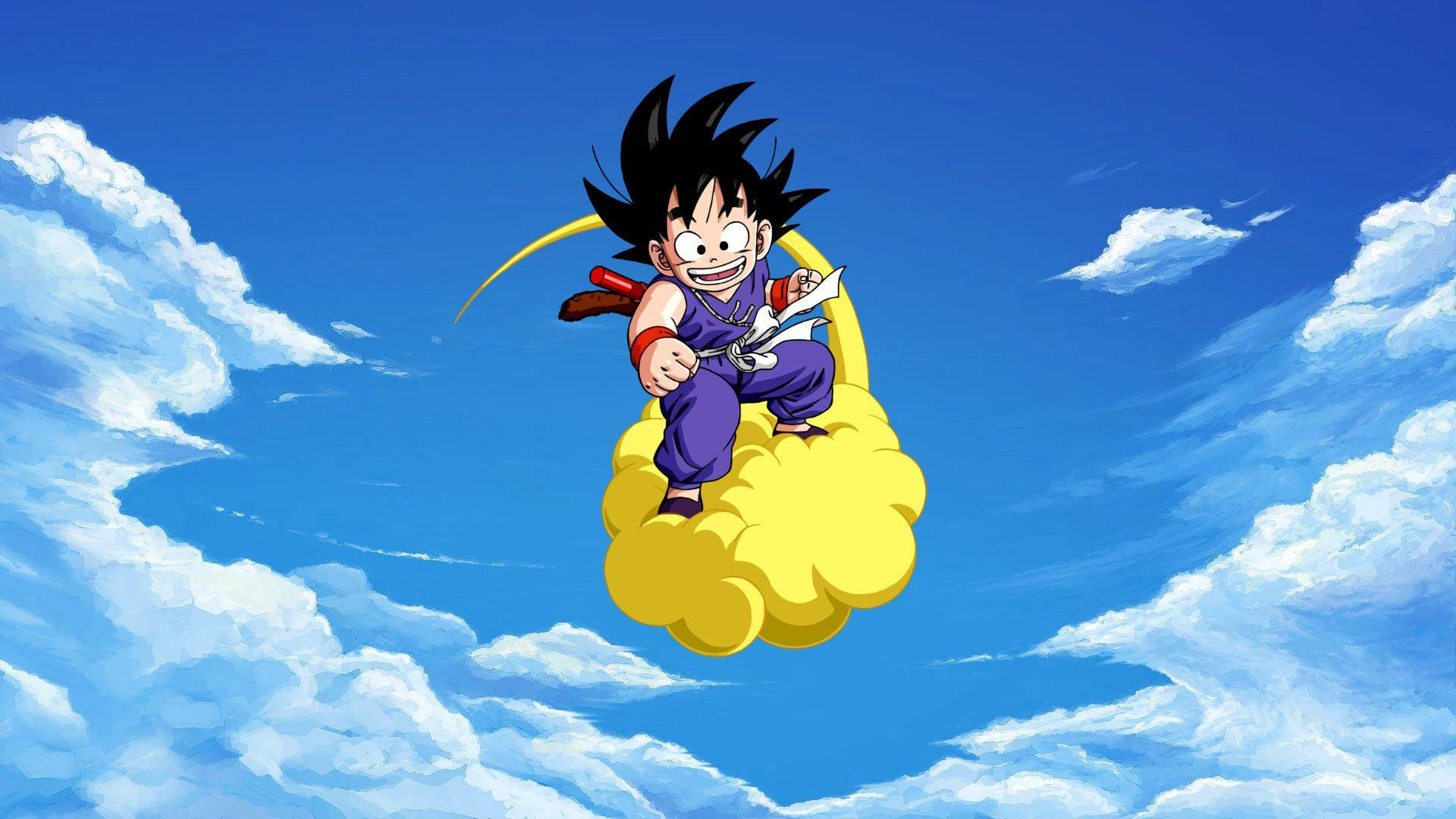 悟空 桌布 壁紙 — 一個開朗的年輕動漫男孩，有著尖刺的黑髮，騎著一朵黃色的雲，穿過明亮的藍天，天空中有蓬鬆的白雲。