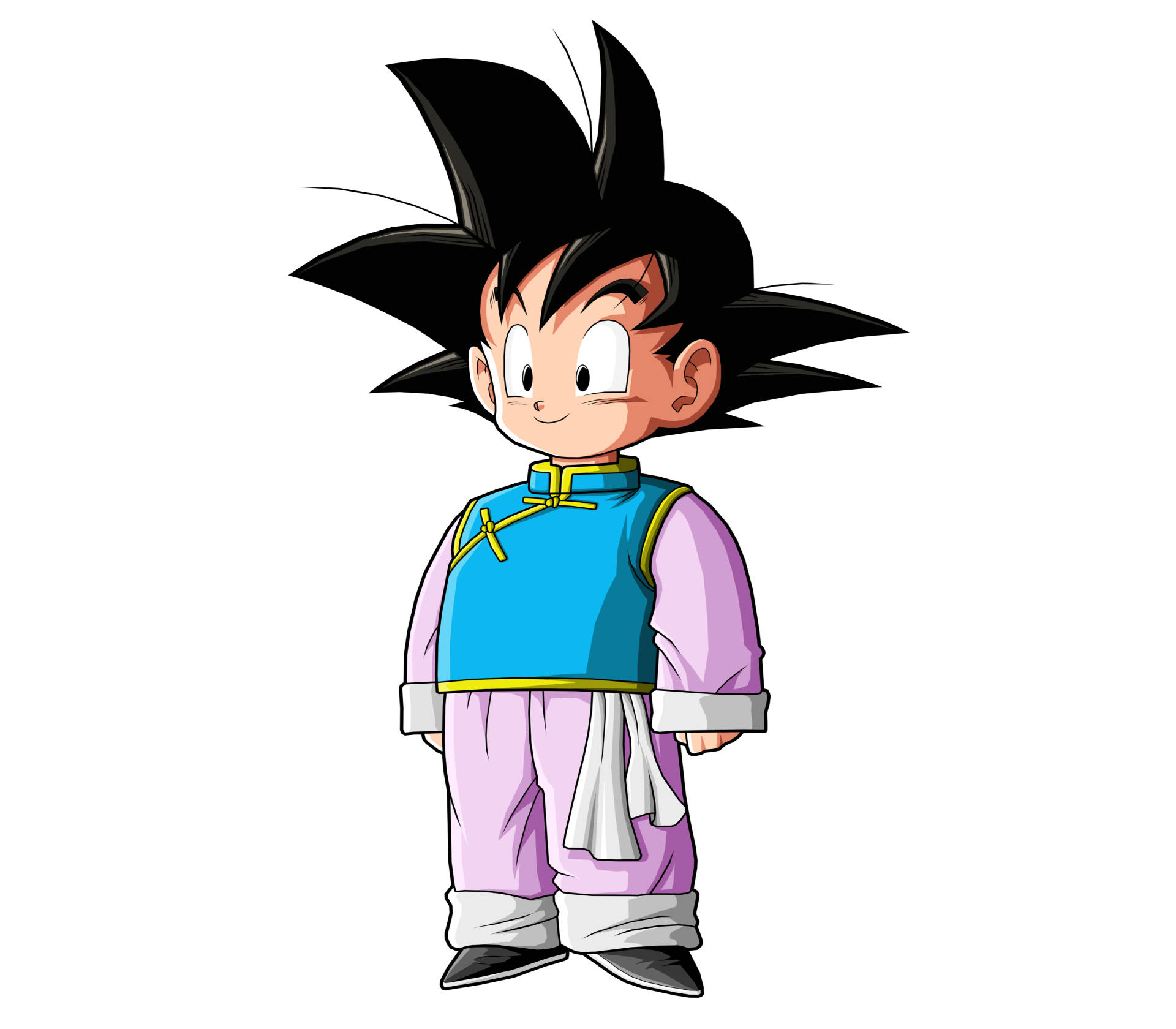 Goten 桌布 壁紙 — 一個開朗的年輕動漫男孩，黑色刺蝟頭，穿著藍紫色武道服，繫著白色腰帶。