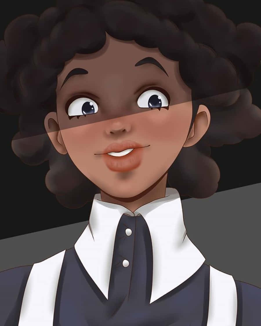 The Promised Neverland Krone 桌布 壁紙 — 一個開朗的年輕女孩，擁有捲曲的深色頭髮和明亮的眼睛，在風格化的數位肖像中溫暖地微笑。