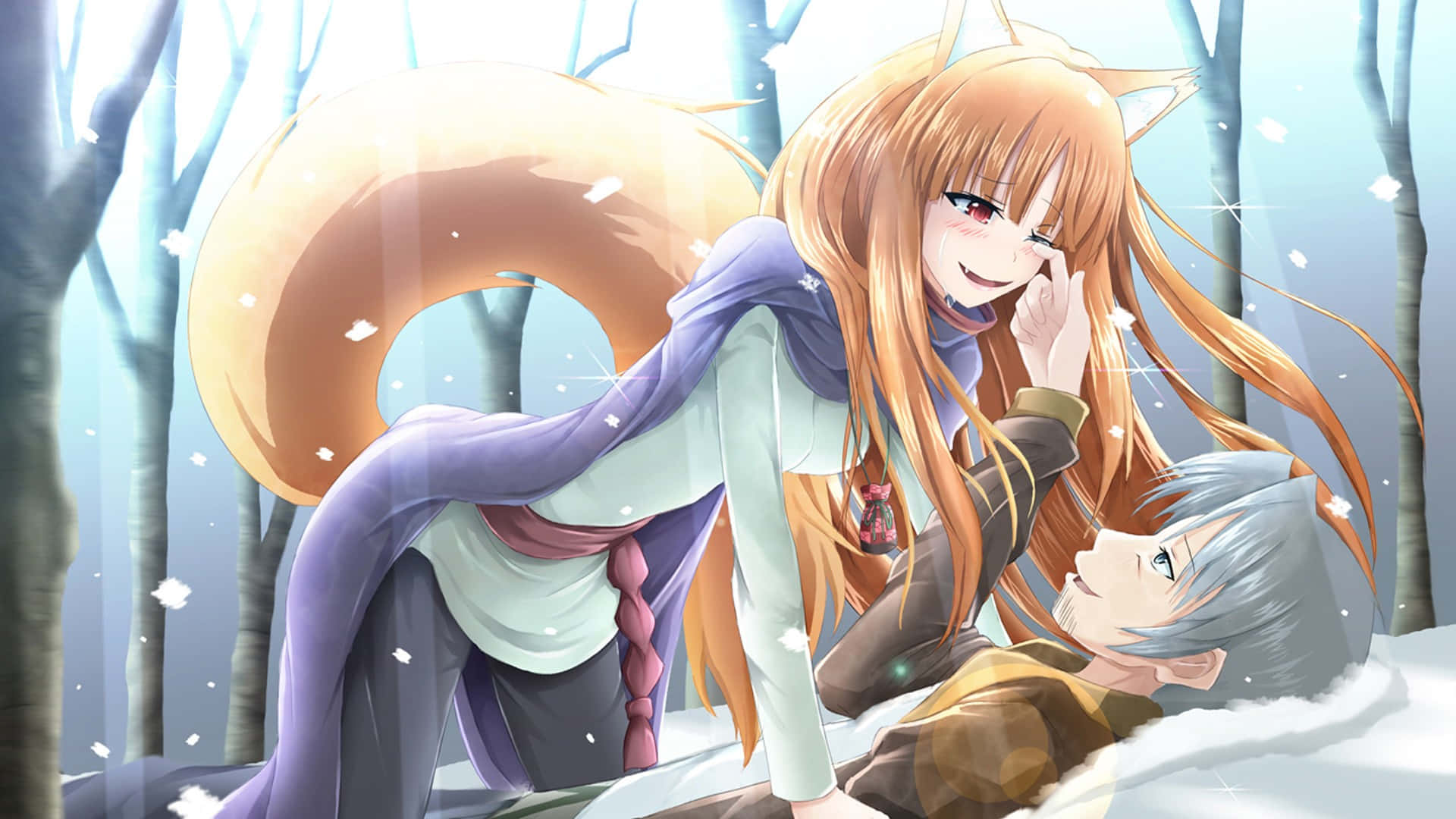 Spice And Wolf 桌布 壁紙 — 一個開朗的狐耳女孩，長著橙色長髮，俯身看著一個躺在雪地森林中、銀髮男孩，雪花輕輕飄落。