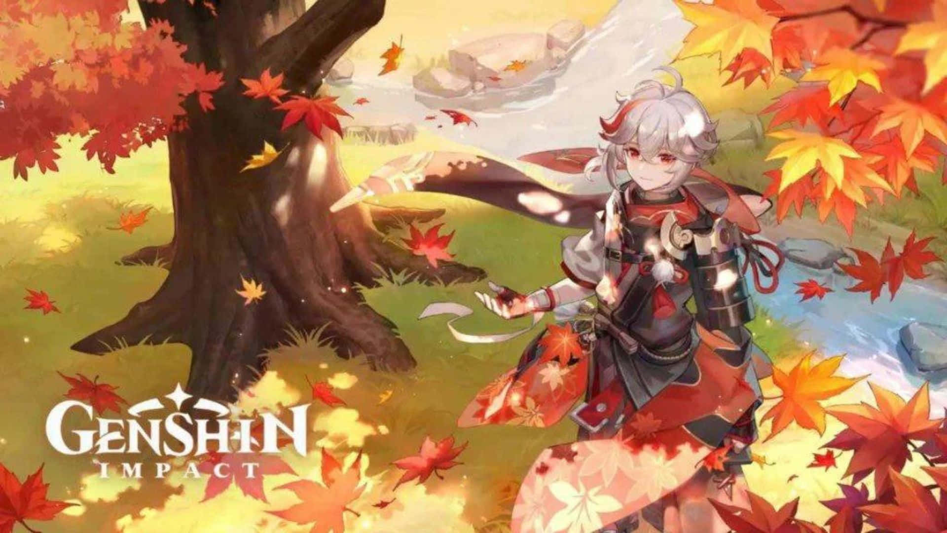 Genshin Impact Characters 桌布 壁紙 — 一個開朗的白髮動漫角色站在寧靜森林場景中一棵大樹下，周圍是鮮豔的秋葉。
