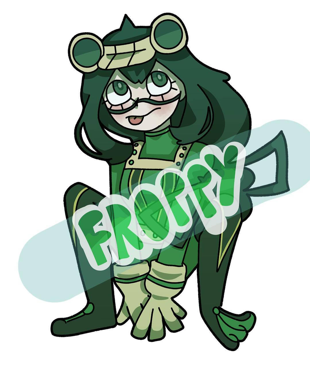 Froppy 桌布 壁紙 — 一個開朗的綠色頭髮動漫角色，穿著配套的服裝，戴著護目鏡和「FROPPY」標誌，帶著頑皮的笑容擺姿勢。