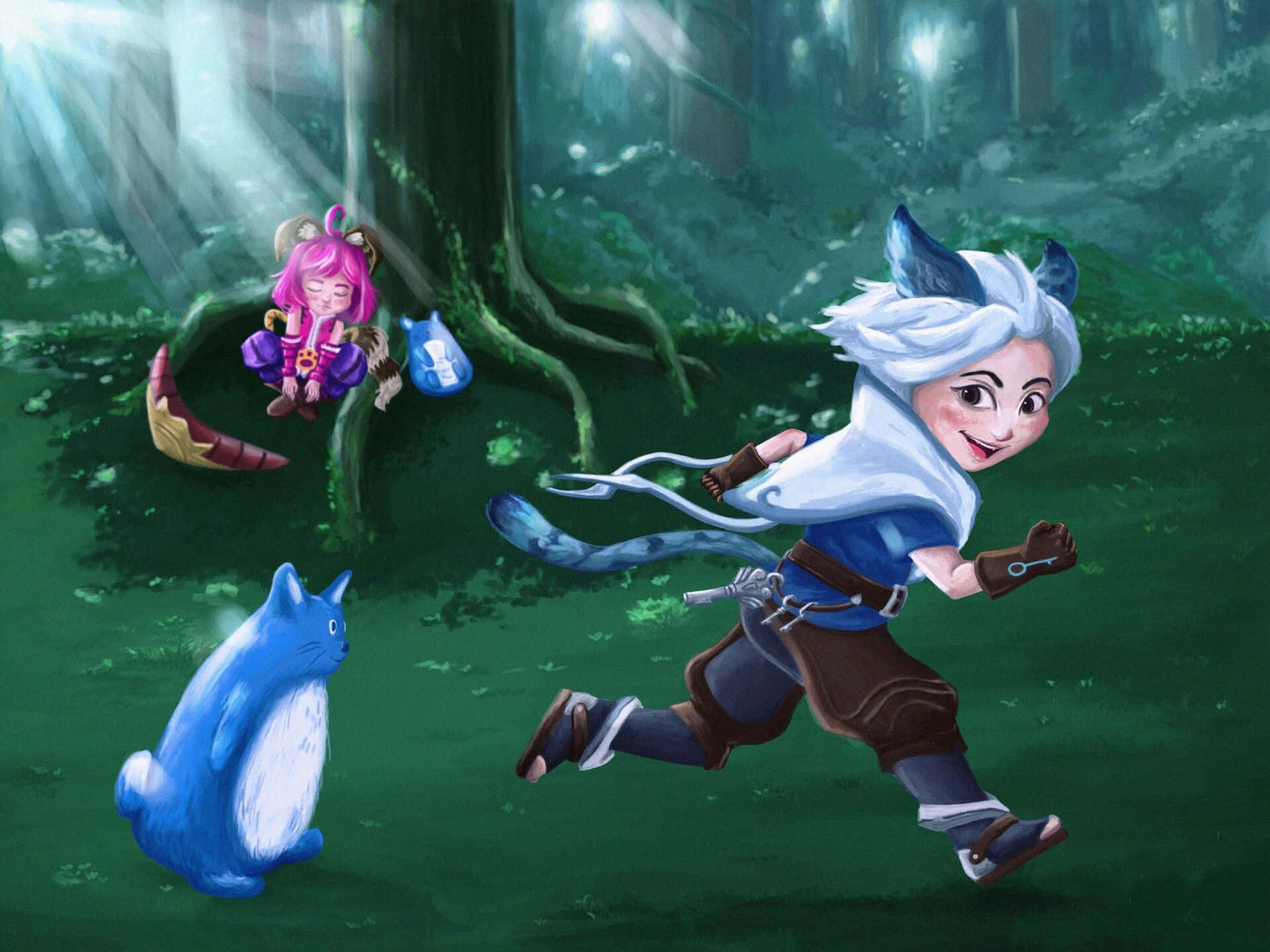 Mobile Legends 動態圖 桌布 壁紙 — 一個開朗的藍毛狐狸角色在陽光明媚的森林中奔跑，而一個粉紅色頭髮的女孩坐在附近的樹根上。