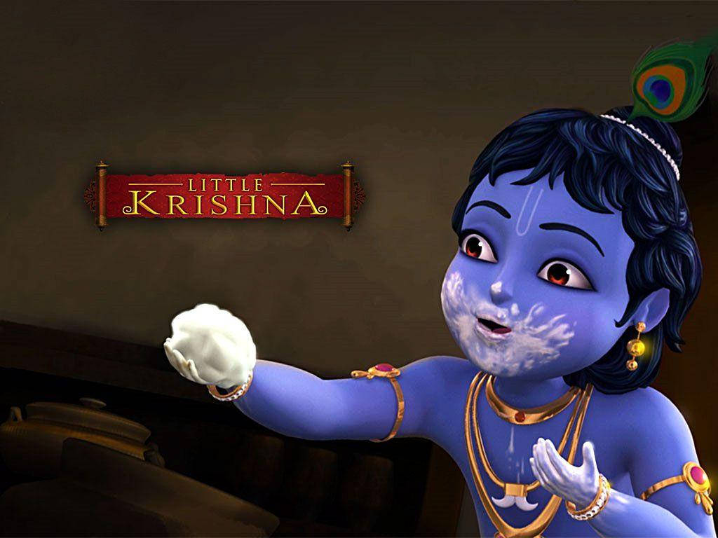 krishna 3d 桌布 壁紙 — 一個開朗的藍皮膚動畫小孩，頭髮上插著孔雀羽毛，拿著一個白色球，露出頑皮的笑容。