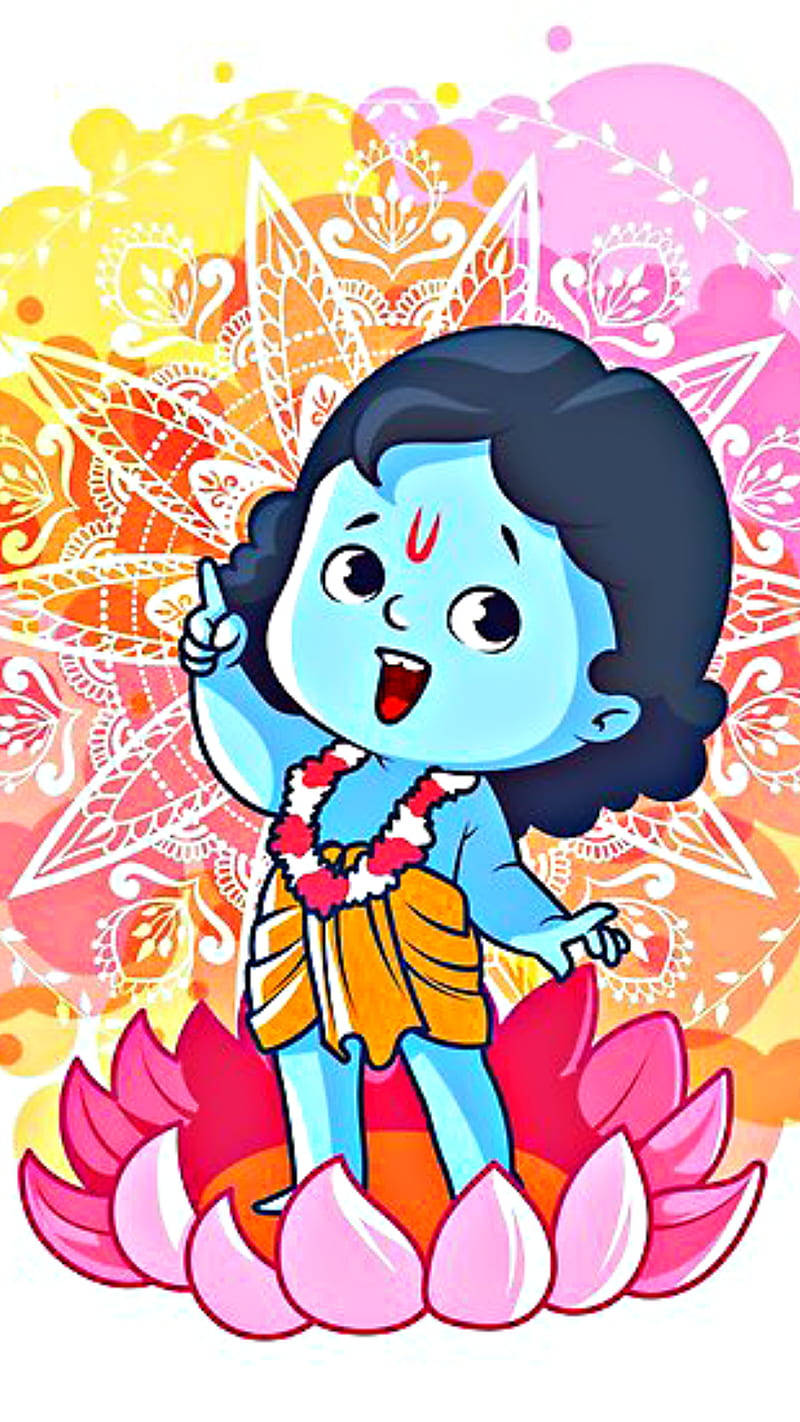 cute krishna 桌布 壁紙 — 一個開朗的藍皮膚卡通小孩，深色頭髮，站在粉紅色蓮花上，指向充滿活力的曼陀羅背景。