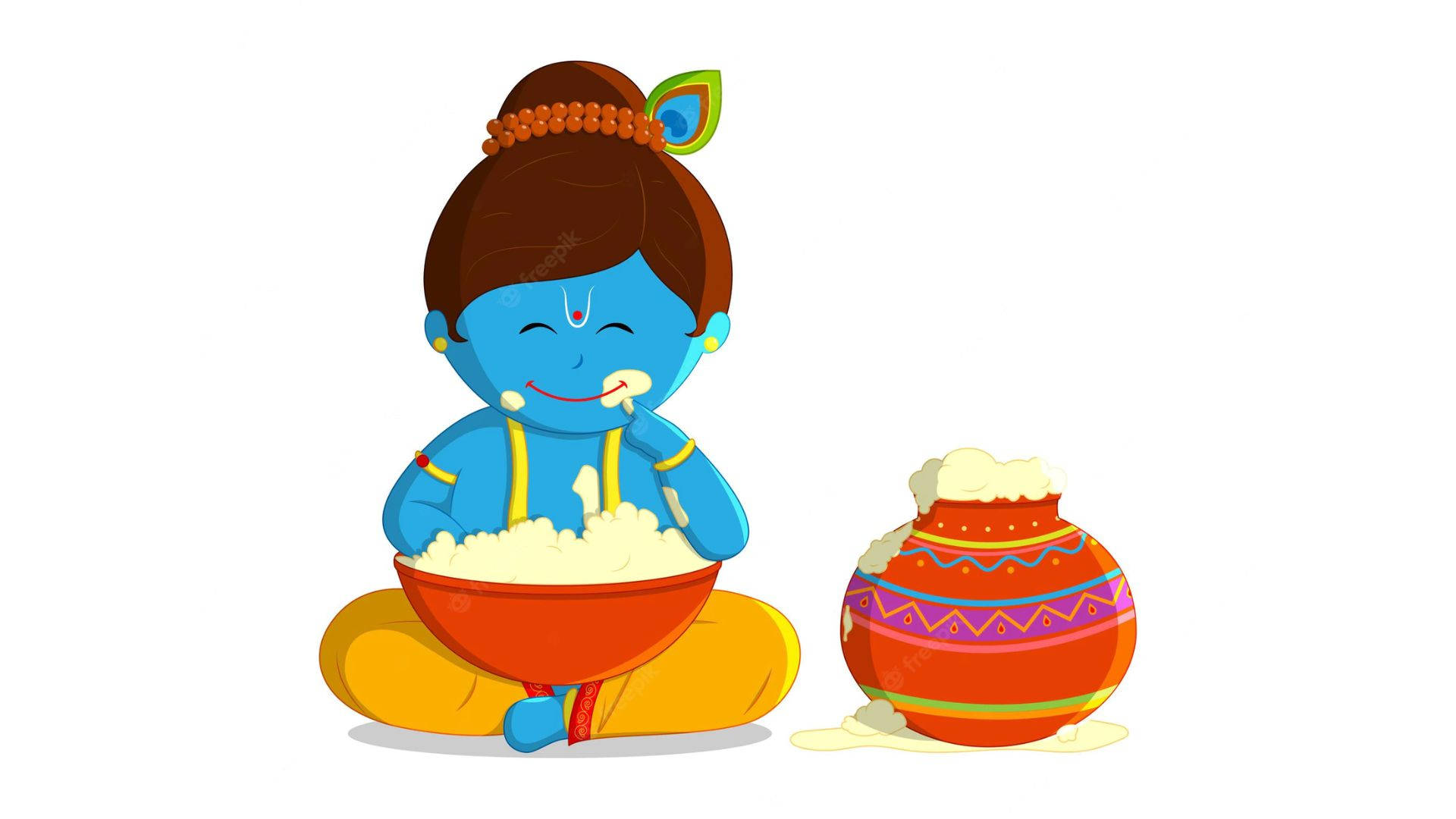 cute krishna 桌布 壁紙 — 一個開朗的藍皮膚卡通男孩，頭髮上插著孔雀羽毛，盤腿坐著，從一個紅色碗裡吃東西，旁邊是一個裝飾過的罐子，溢出白色物質。