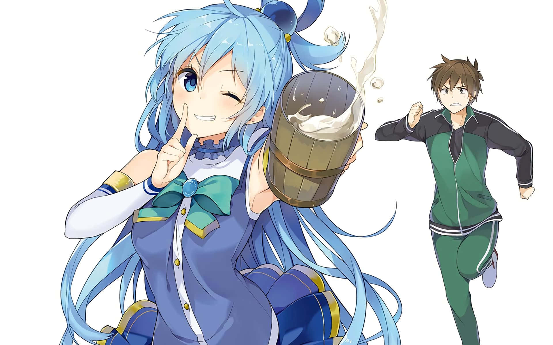 Konosuba God's Blessing On This Wonderful World 桌布 壁紙 — 一個開朗的藍髮動漫女孩拿著冒煙的木桶眨眼，身後一個穿綠色衣服的男孩在奔跑。