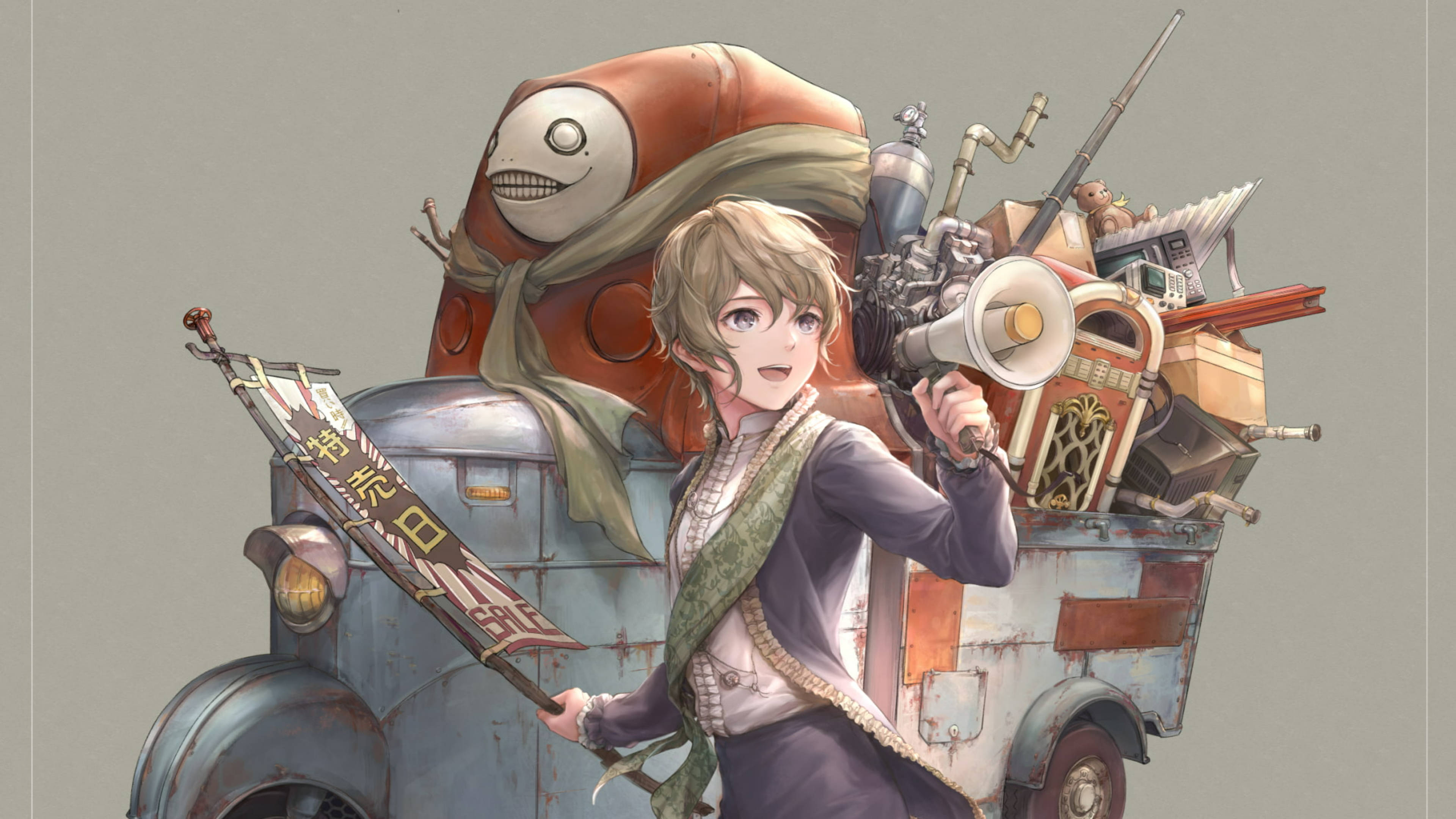 Nier 桌布 壁紙 — 一個開朗的金髮動漫女孩拿著擴音器，旁邊是一輛堆滿古怪雜物和一個微笑橙色生物的雜亂復古卡車。