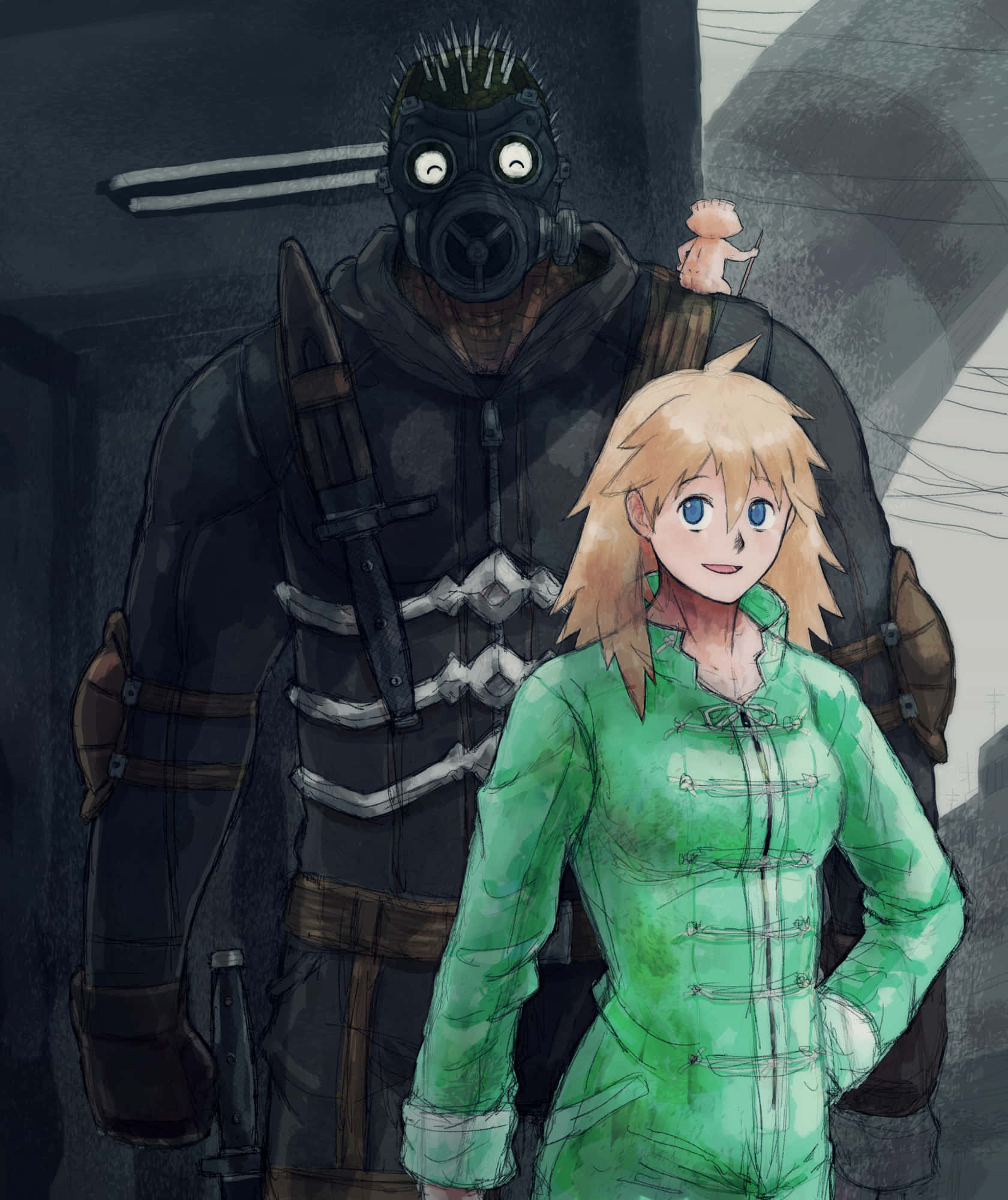 dorohedoro 桌布 壁紙 — 一個開朗的金髮女孩穿著綠色服裝，站在一個戴著防毒面具的高大裝甲人物旁邊，他肩上有一隻小生物。