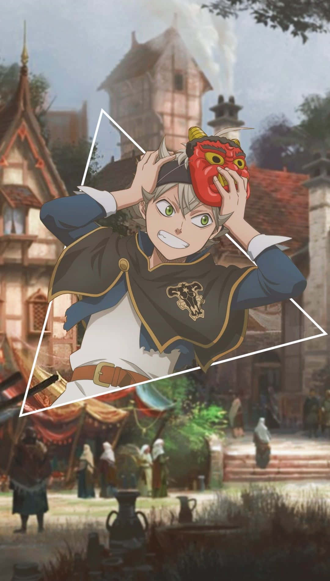 Black Clover Anime 桌布 壁紙 — 一個開朗的銀髮動畫男孩站在中世紀村莊廣場上，將紅色惡魔面具舉在臉前。