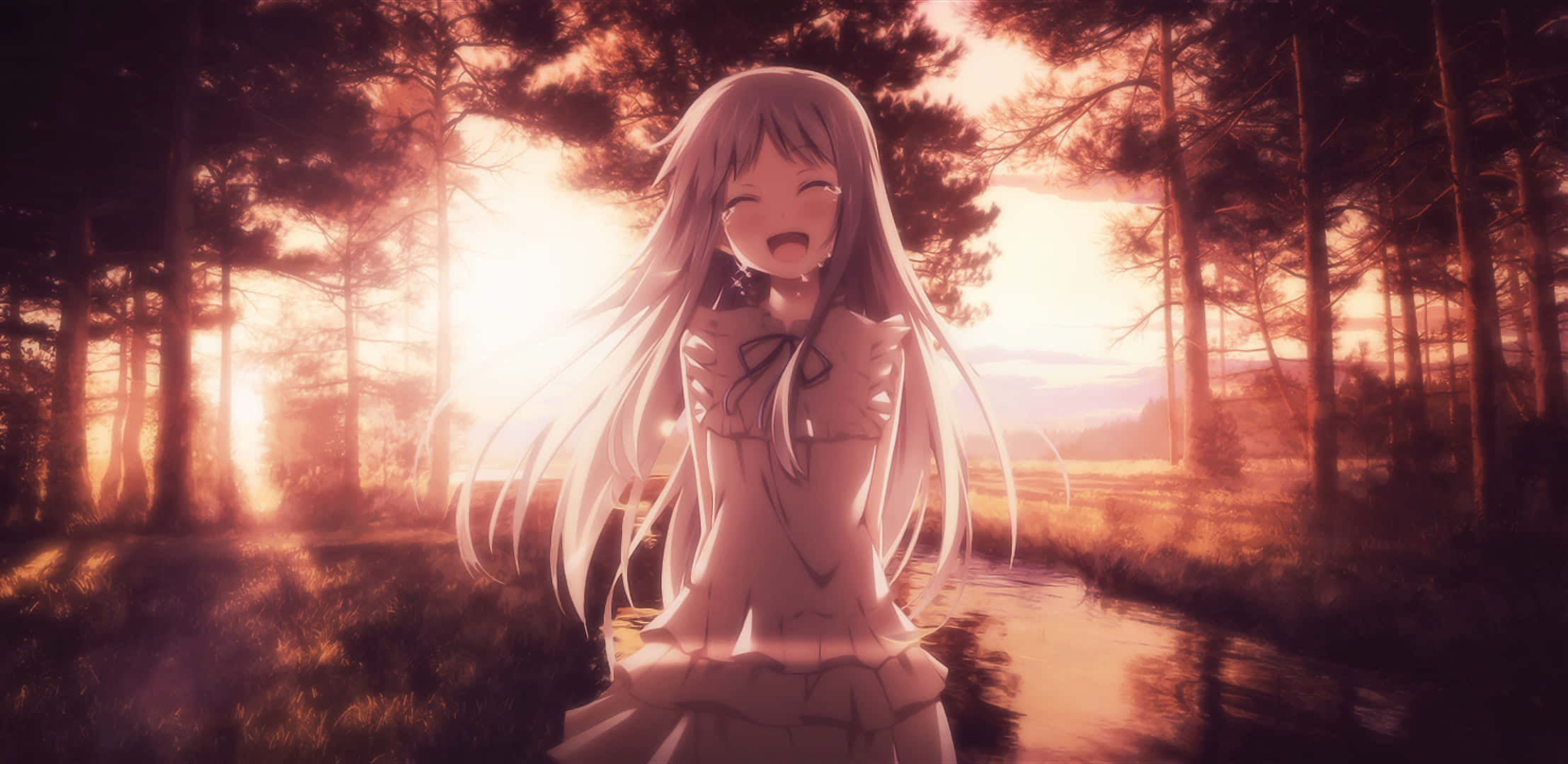 Anohana 桌布 壁紙 — 一個開朗的長髮動漫女孩站在日落時分的陽光森林中，她的裙子在金色樹木的映襯下溫暖地發光。