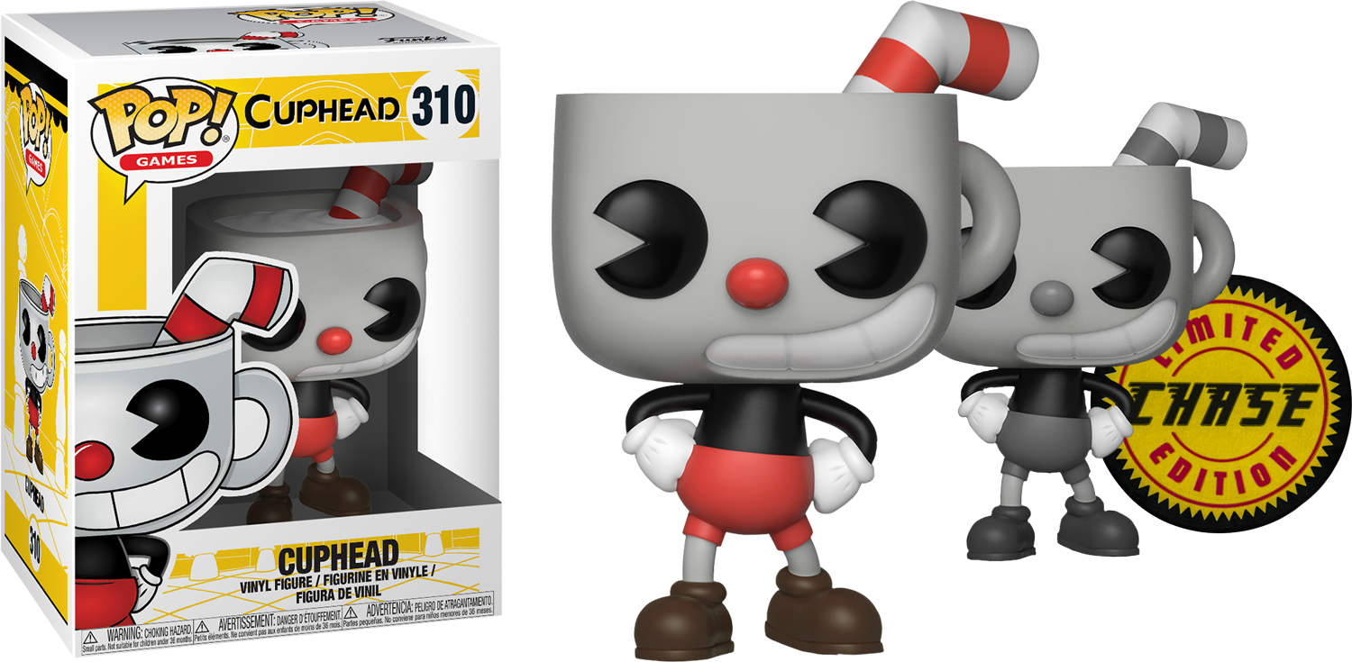 茶杯頭 桌布 壁紙 — 一個限量版 Funko Pop! Cuphead 乙烯基人偶站在其盒子旁邊，背景為黑色。
