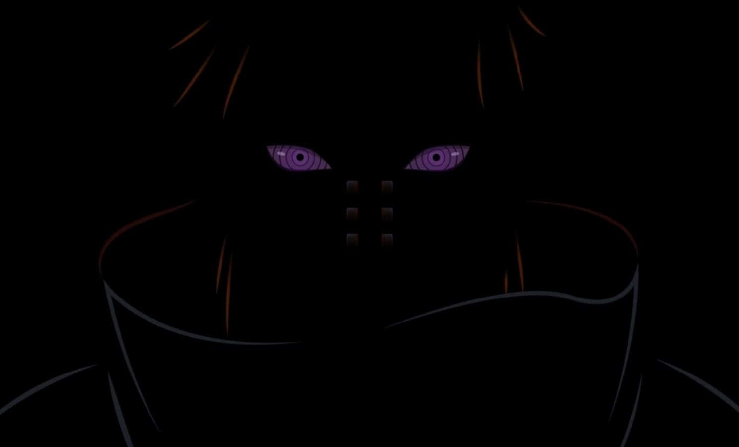 Pain Rinnegan 桌布 壁紙 — 一個陰影中的動漫角色，擁有發光的紫色眼睛和高領，在黑暗中凝視。