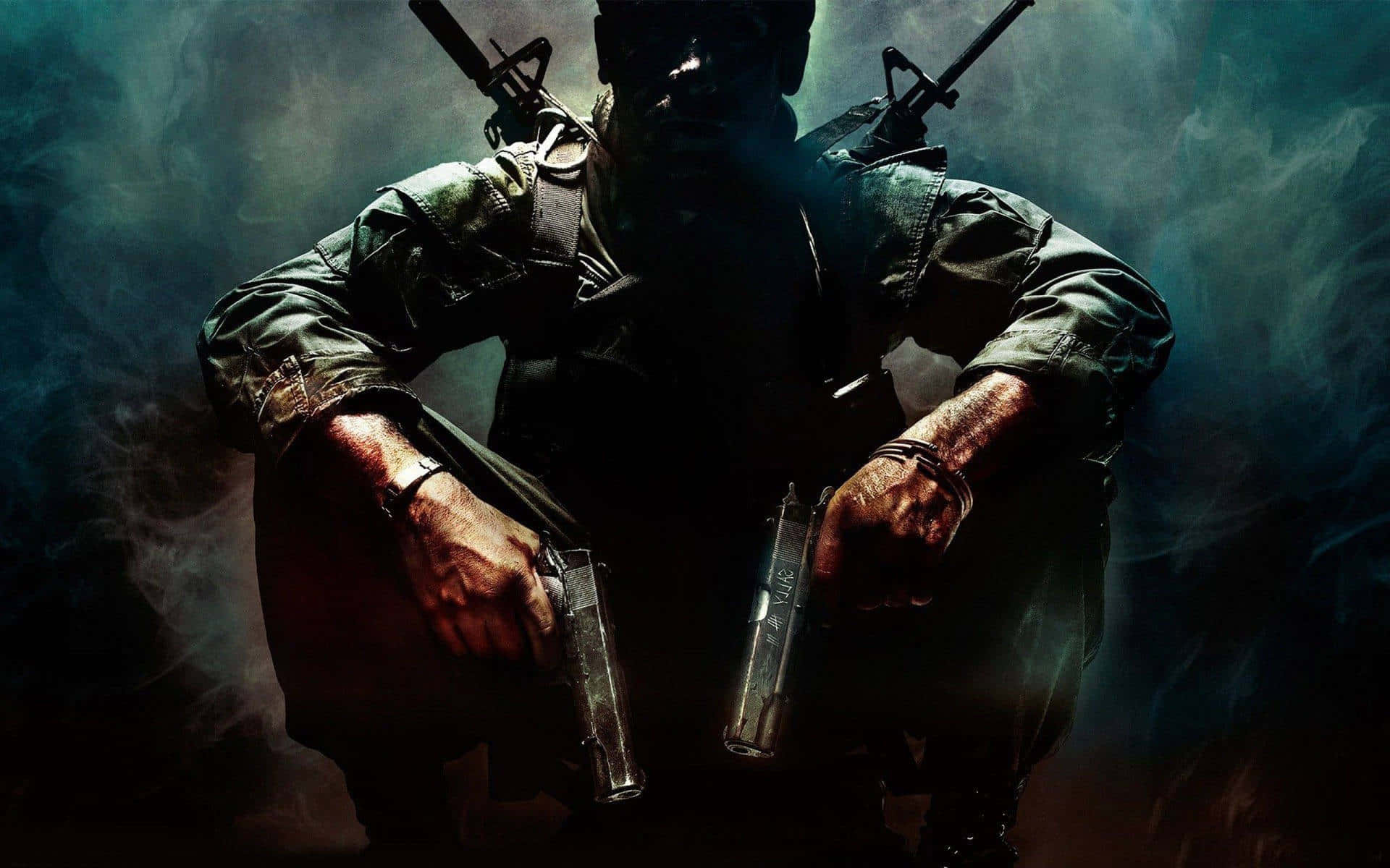 Call Of Duty 2020 桌布 壁紙 — 一個陰影中的士兵穿著戰術裝備，在煙霧瀰漫、光線昏暗的環境中手持兩把手槍。