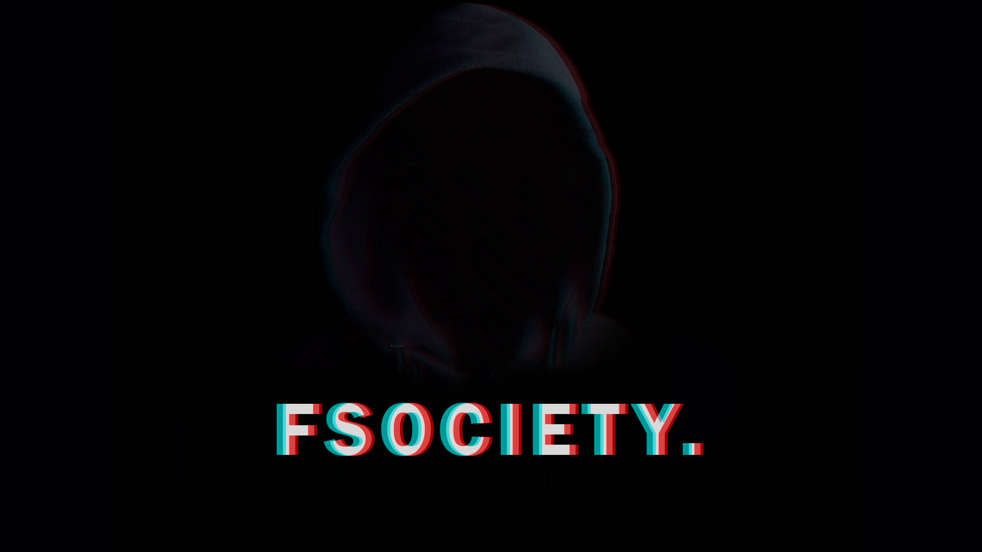 Rami Malek 桌布 壁紙 — 一個陰影兜帽人物在黑色背景上微弱發光，帶有 'FSOCIETY.' 文字，呈現故障風格的紅色和青色。