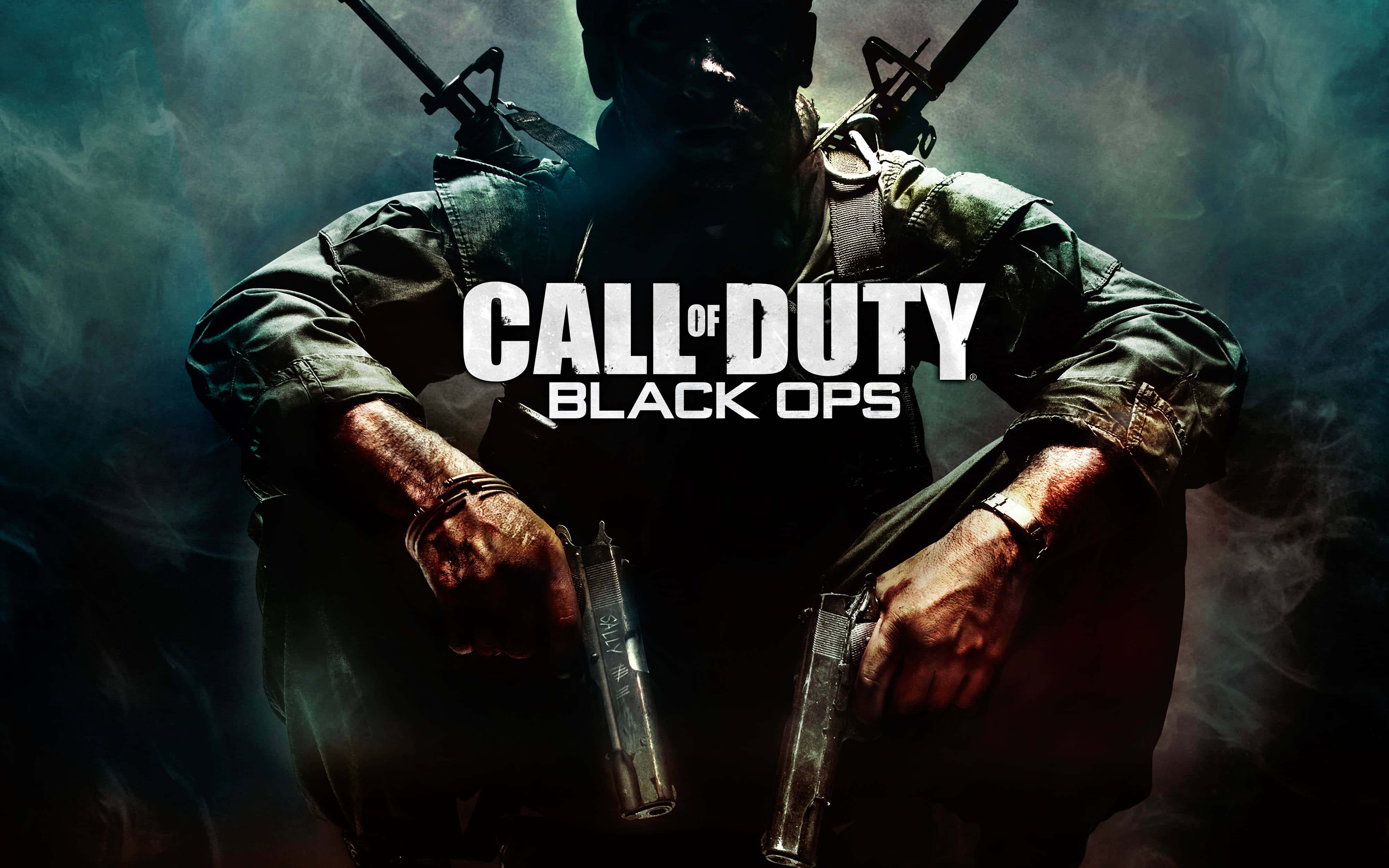 games 桌布 壁紙 — 一個陰影般的士兵穿著戰術裝備，在戲劇性的煙霧和昏暗燈光下手持兩把手槍。