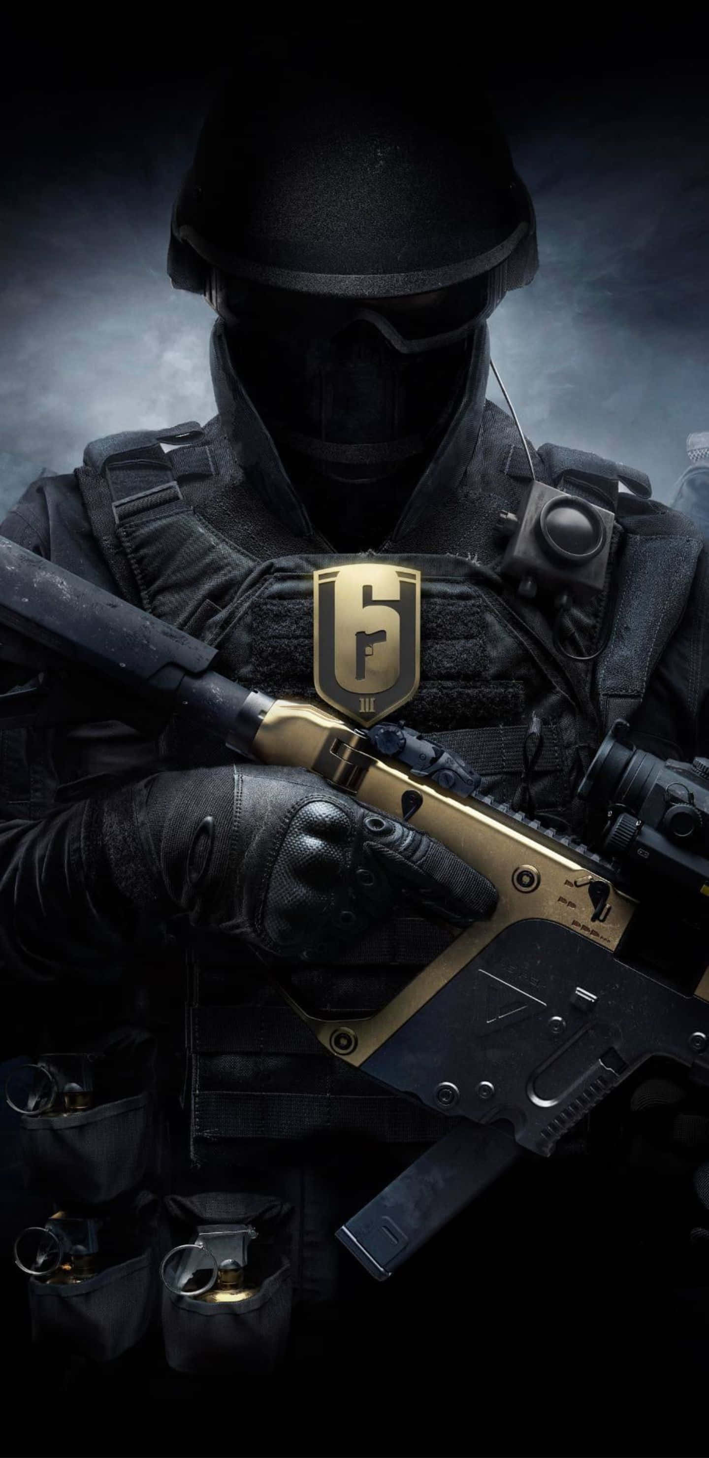 Pixel 3xl Rainbow Six Siege 桌布 壁紙 — 一個陰影般的士兵身穿戰術裝備，在黑暗煙霧背景下手持金黑步槍。