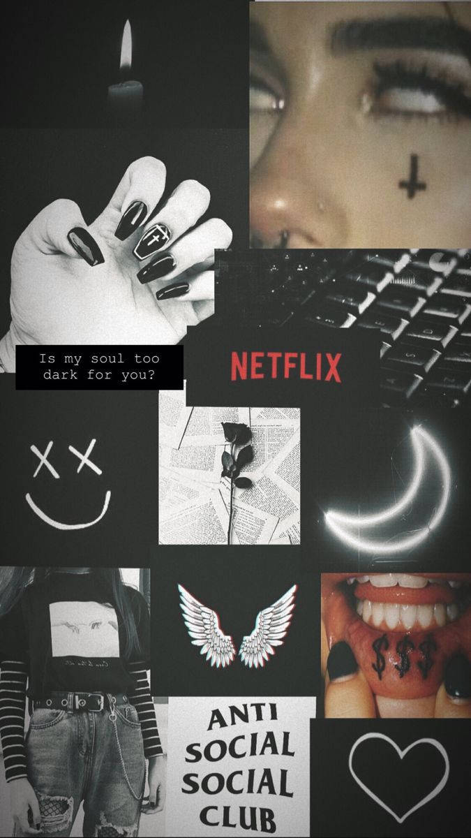 陰暗拼貼畫，包含蠟燭、刺青的手、臉、Netflix標誌和anti social social club文字。 — Emo 美學 GIF 壁紙