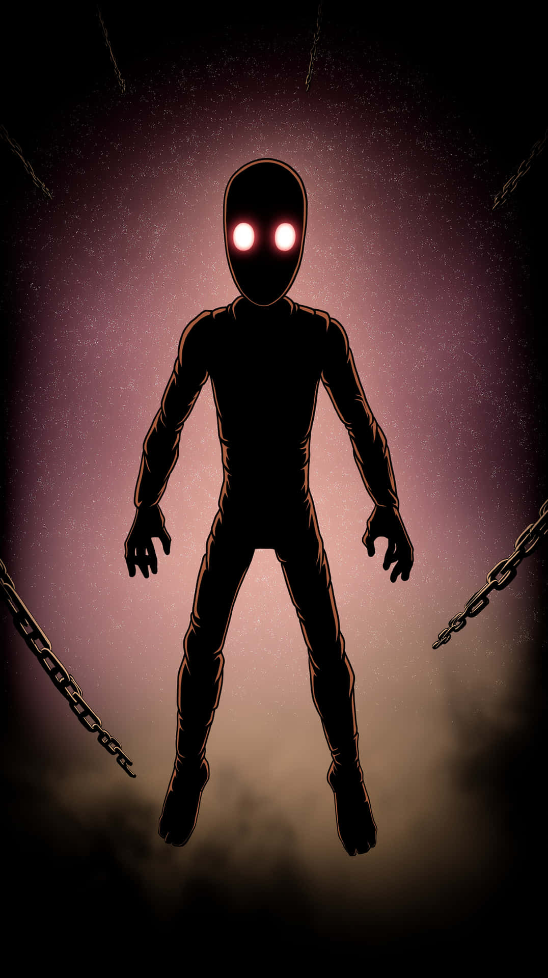 Haunted Shadowy Figure with Bright Eyes and Chains Illustration 壁紙 — 一個陰暗的人形身影，帶有發光的紅色眼睛，懸浮在帶有懸掛鏈條的紫色和黑色漸變宇宙背景前。
