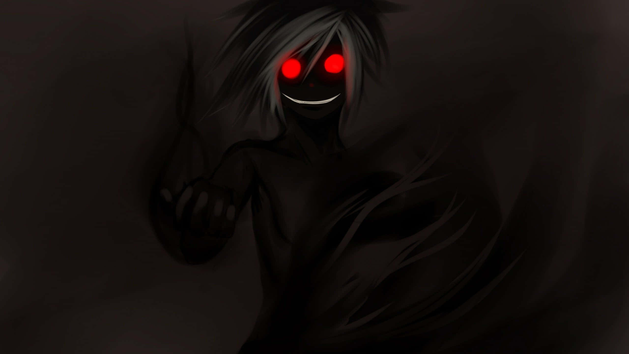 Horror Anime Boy 桌布 壁紙 — 一個陰暗的動漫人物，有著發光的紅眼睛和邪惡的笑容，從黑暗中出現。