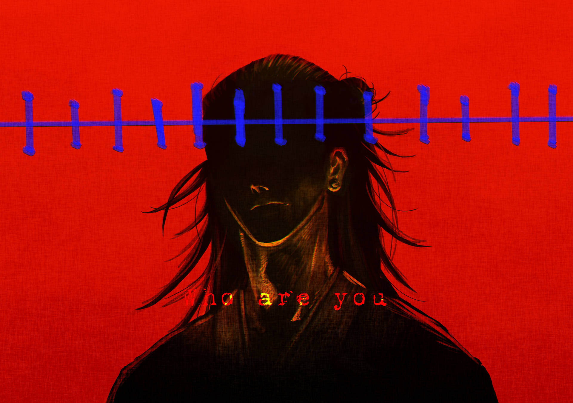 動漫角色，發光的眼睛和文字問你是誰，在紅色背景上。 — 咒術迴戰 4K GIF 壁紙
