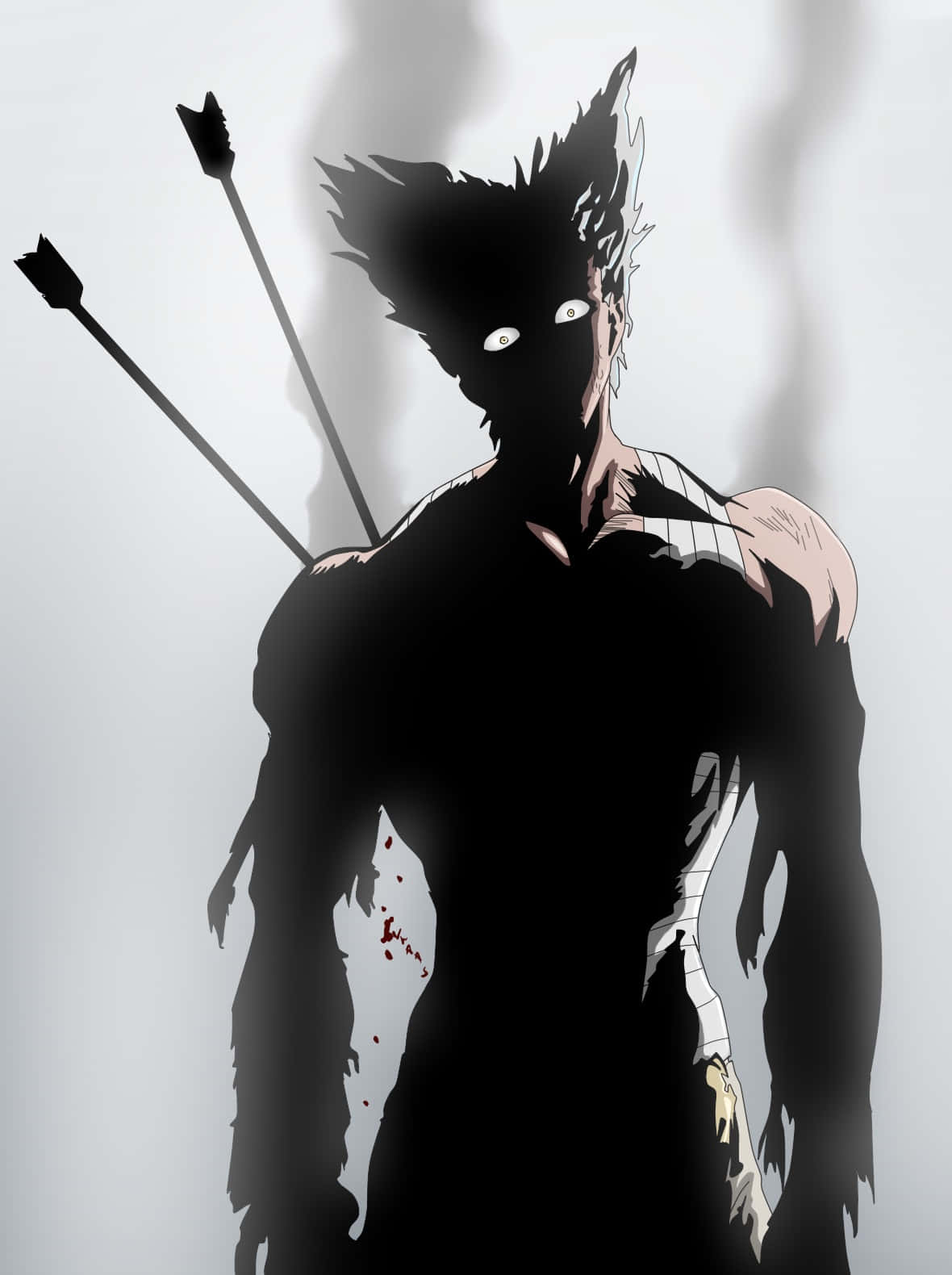 Garou 桌布 壁紙 — 一個陰暗的動漫戰士，背上有箭和血跡，站在純白背景前。