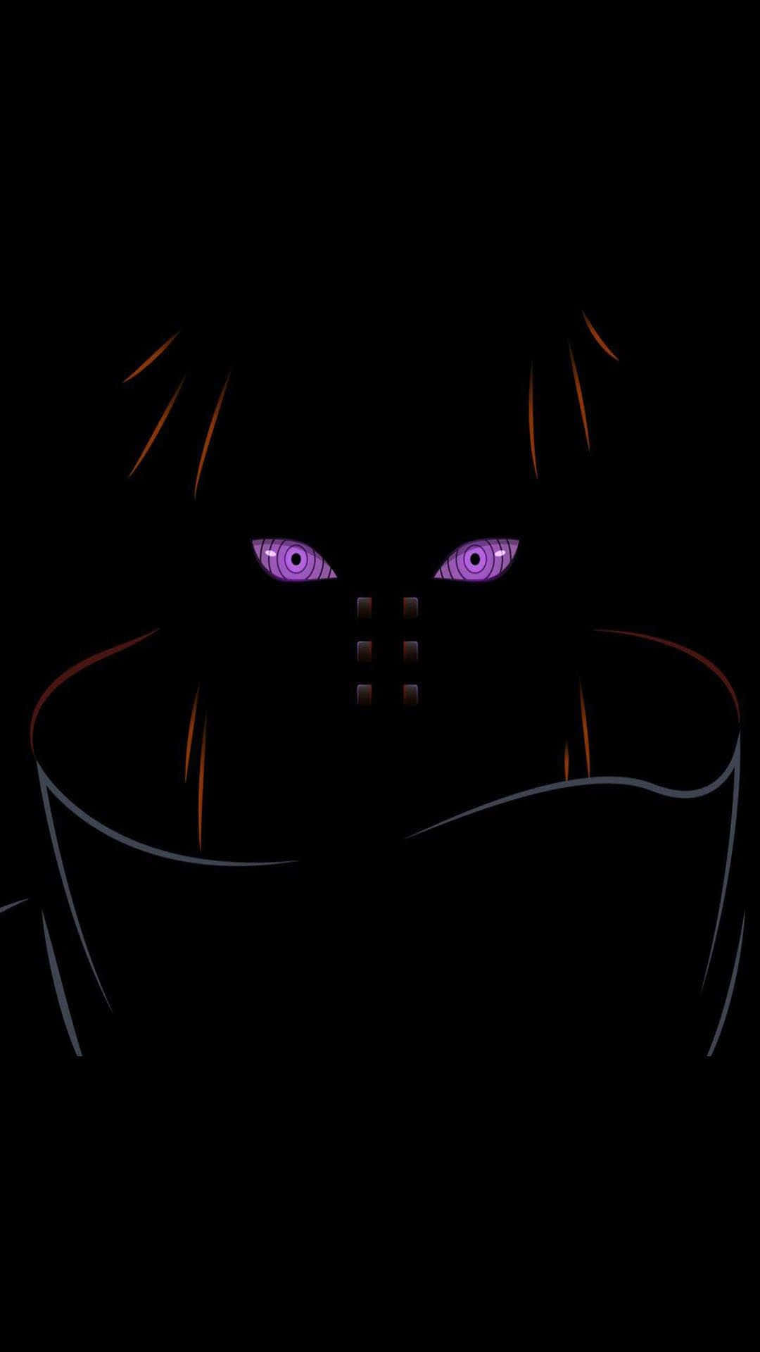 Pain Rinnegan 桌布 壁紙 — 一個陰暗的動漫角色，擁有發光的紫色眼睛和橙色髮絲，背景為黑色。