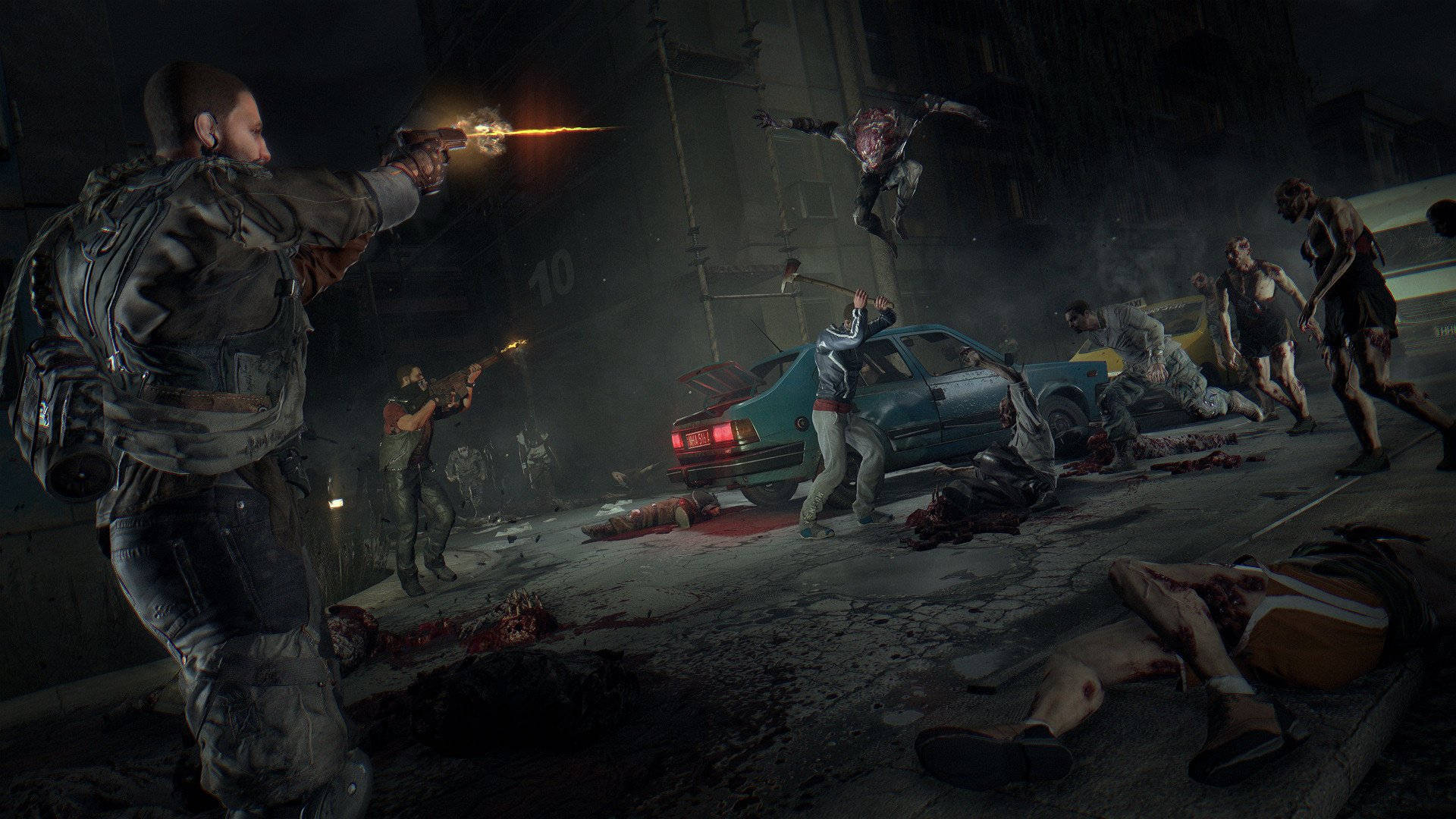Dying Light 桌布 壁紙 — 一個陰暗的夜間城市場景，武裝倖存者在翻倒的汽車和血跡斑斑的街道中對抗成群結隊的殭屍。