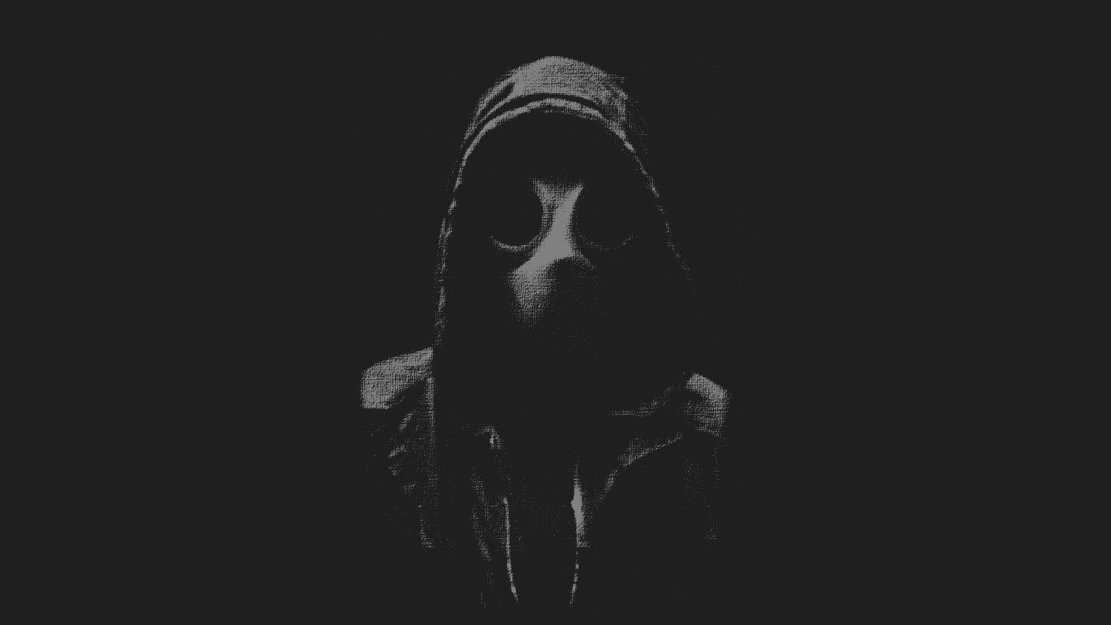 靜態 桌布 壁紙 — 一個陰暗的戴兜帽身影，眼睛發光，從漆黑一片的虛空中以顆粒狀黑白風格凝視著。