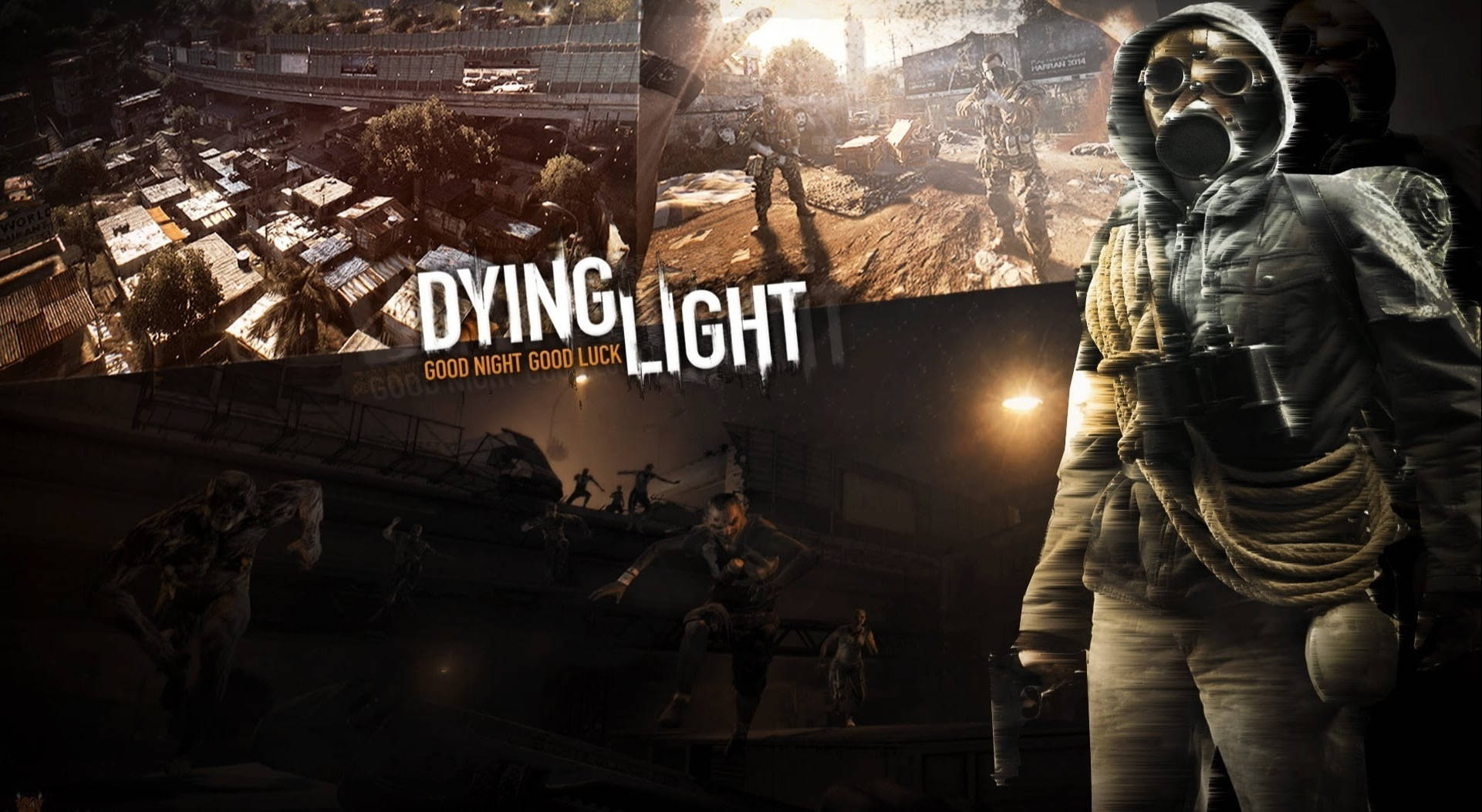 Dying Light 桌布 壁紙 — 一個陰暗的末世場景，一名戴著防毒面具的倖存者站在廢墟城市景觀前，天空朦朧。