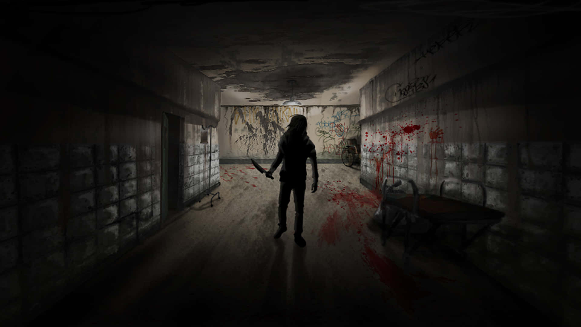 Jeff The Killer 桌布 壁紙 — 一個陰暗的身影手持刀具，站在燈光昏暗、血跡斑斑且佈滿塗鴉的廢棄走廊中。