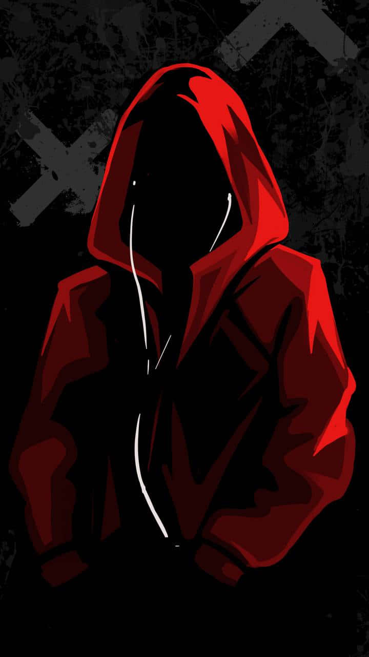 Red Hoodie 桌布 壁紙 — 一個陰暗的身影穿著鮮紅色連帽衫，站在粗糙的黑色背景前，白色抽繩清晰可見。