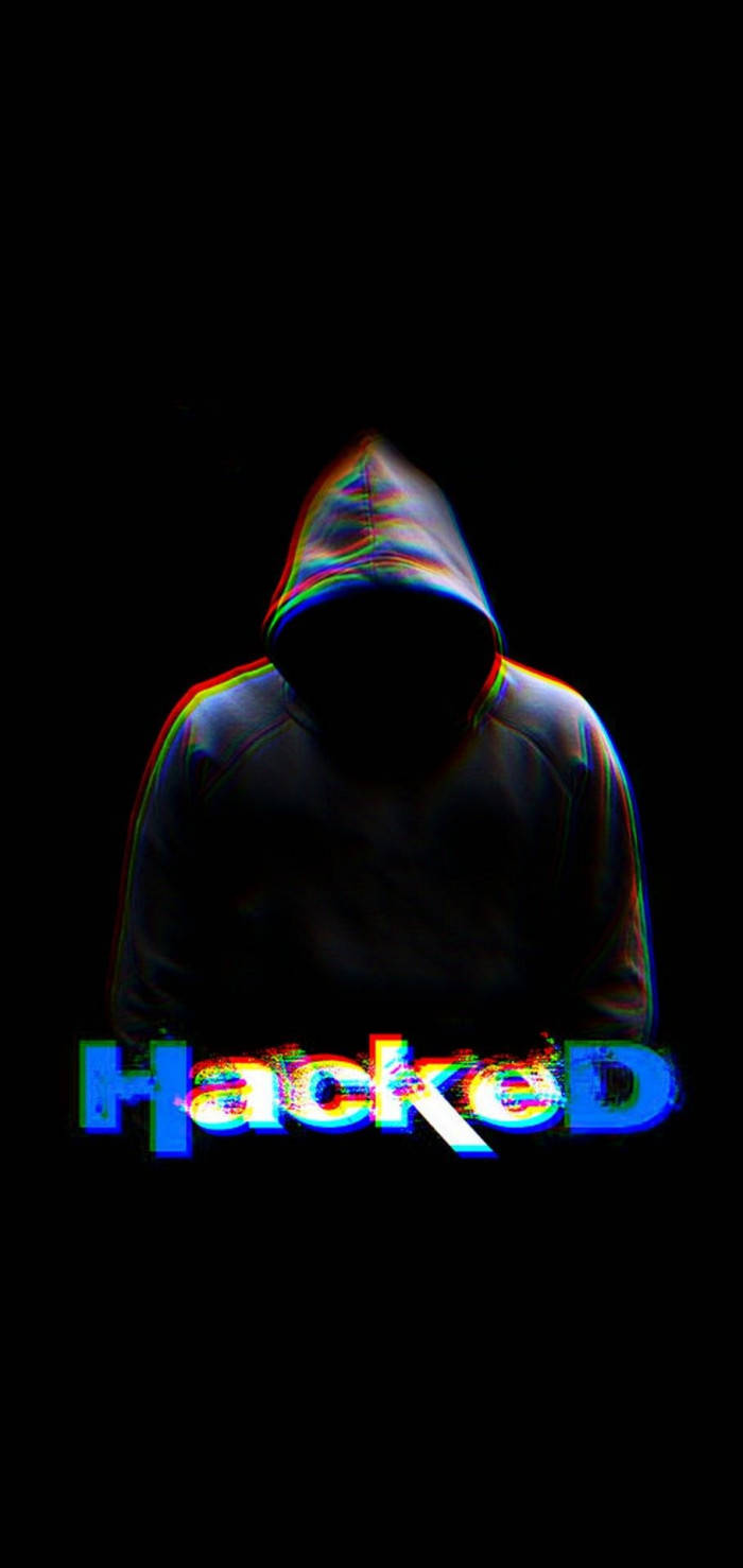 hacker 3d 桌布 壁紙 — 一個陰暗的連帽人物在黑色背景上發出色差光芒，下方帶有故障效果的「Hacked」文字。