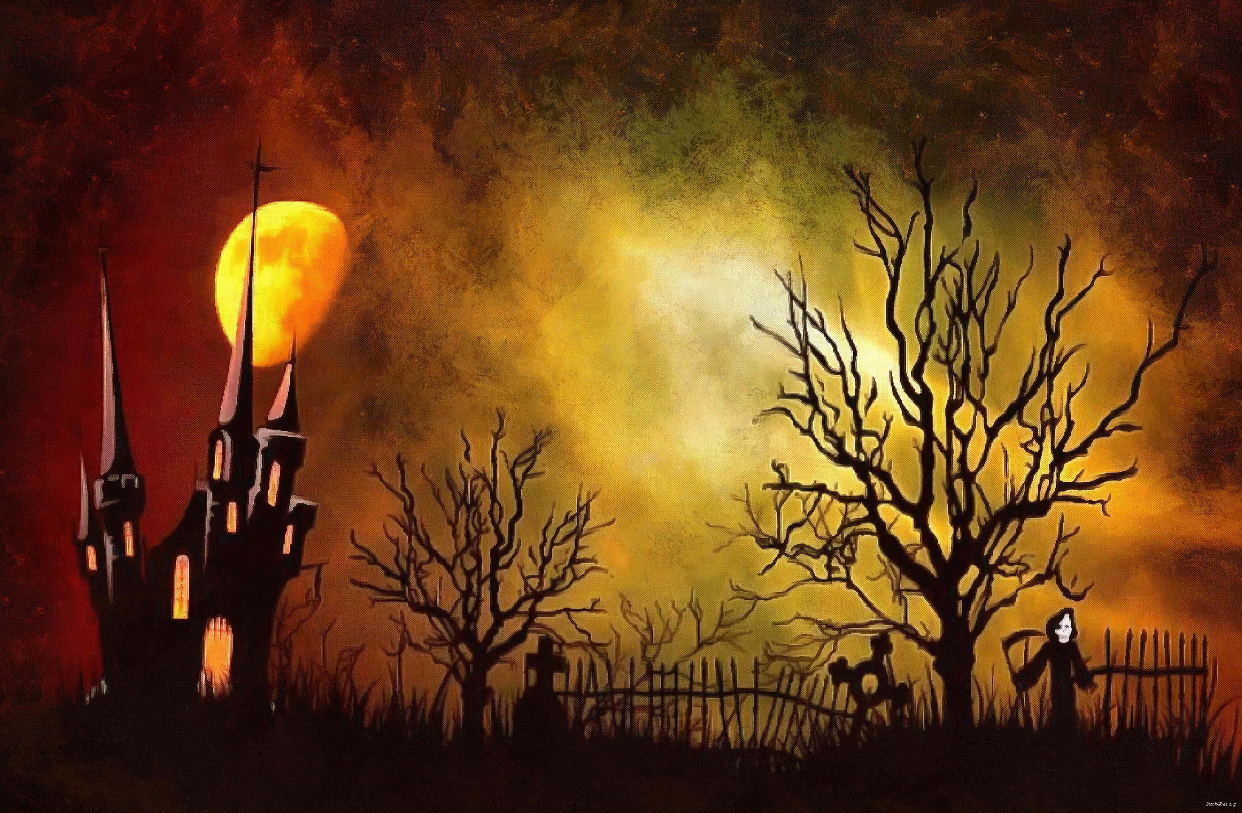 Spooky Halloween 桌布 壁紙 — 一個陰森恐怖的城堡剪影和光禿禿的樹木，在黑暗詭異的風景中，懸掛著一輪發光的橙色月亮。