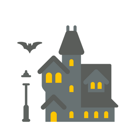 Haunted House Halloween 桌布 壁紙 — 一個陰森灰色的鬼屋，在黑暗的天空下，有雲和飛行的蝙蝠，窗戶發出黃色的光芒。