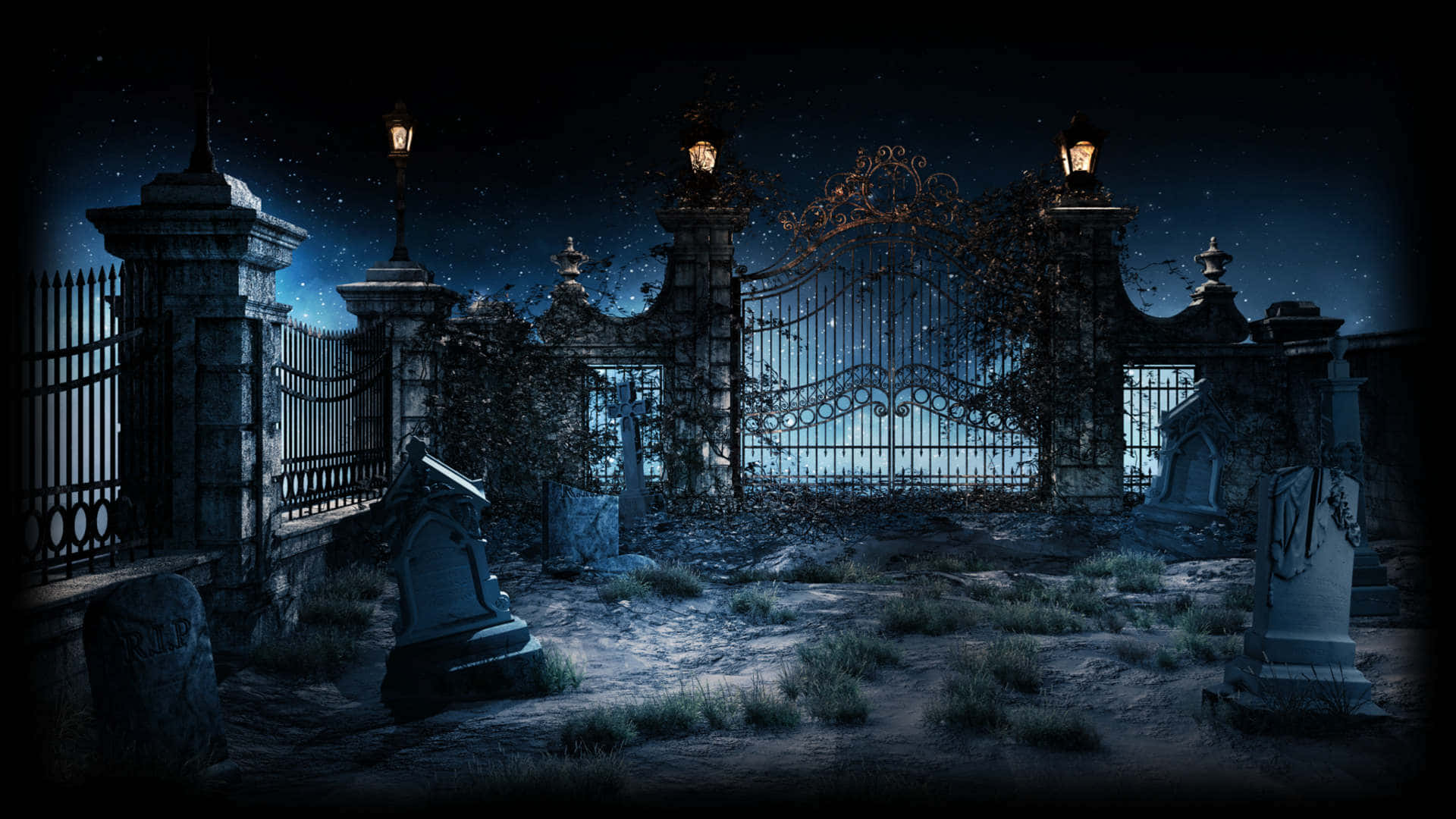 Spooky Zoom 桌布 壁紙 — 一個陰森的夜晚場景，一座破舊的墓地大門，掛著發光的燈籠，上方是星空。