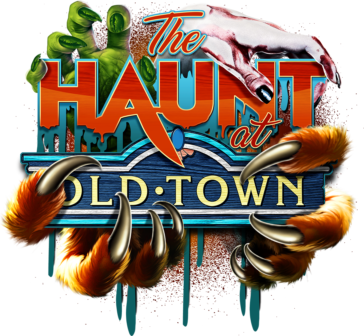 麥可·傑克森 桌布 壁紙 — 一個陰森的招牌，寫著「The Haunt at Old Town」，殭屍手和帶爪的爪子抓住文字，背景黑暗。
