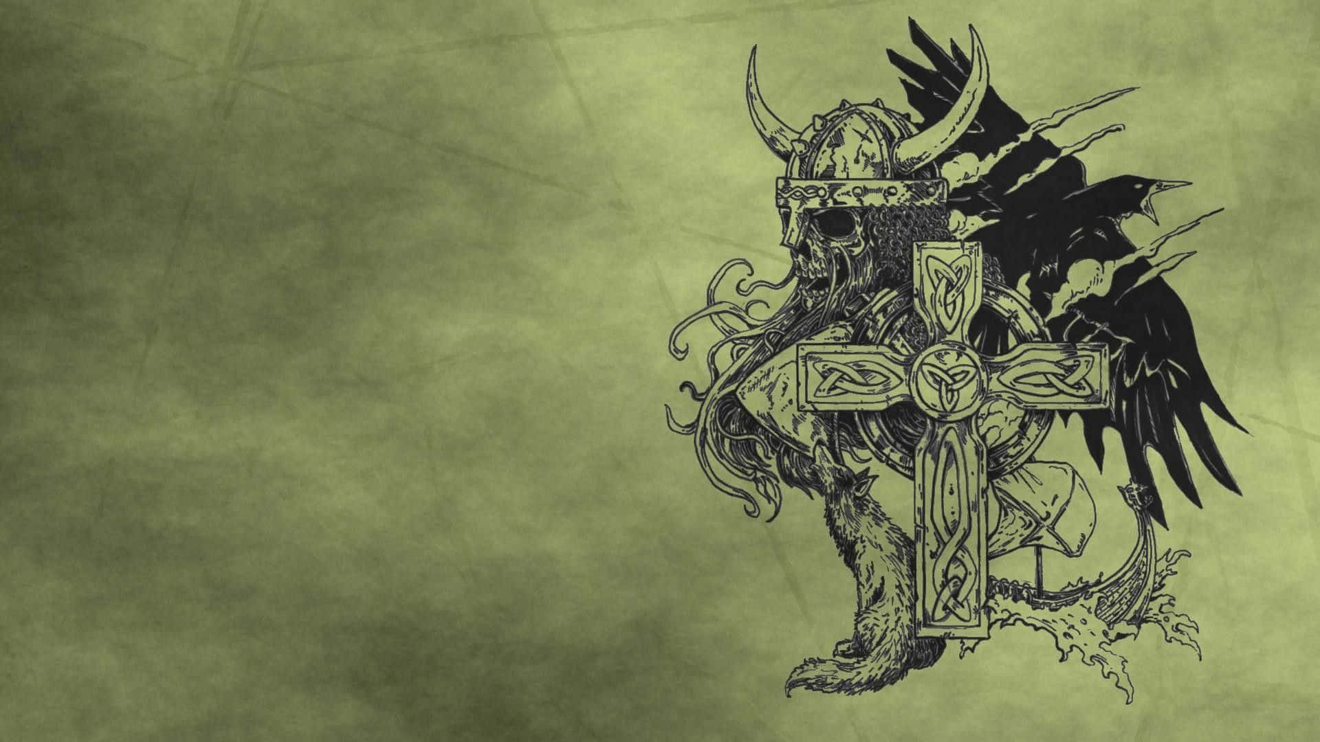 Norse Mythology 桌布 壁紙 — 一個陰森的維京頭骨，帶有角和烏鴉，棲息在一個有紋理的橄欖綠背景上的凱爾特十字架上。