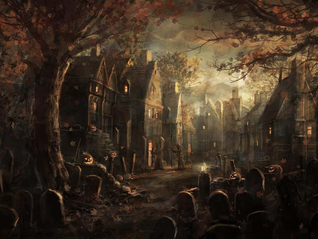 Halloween Town 桌布 壁紙 — 一個陰森詭異的萬聖節村莊，有發光的南瓜燈、古老的墓碑，以及在暮色天空下旋轉的秋葉。