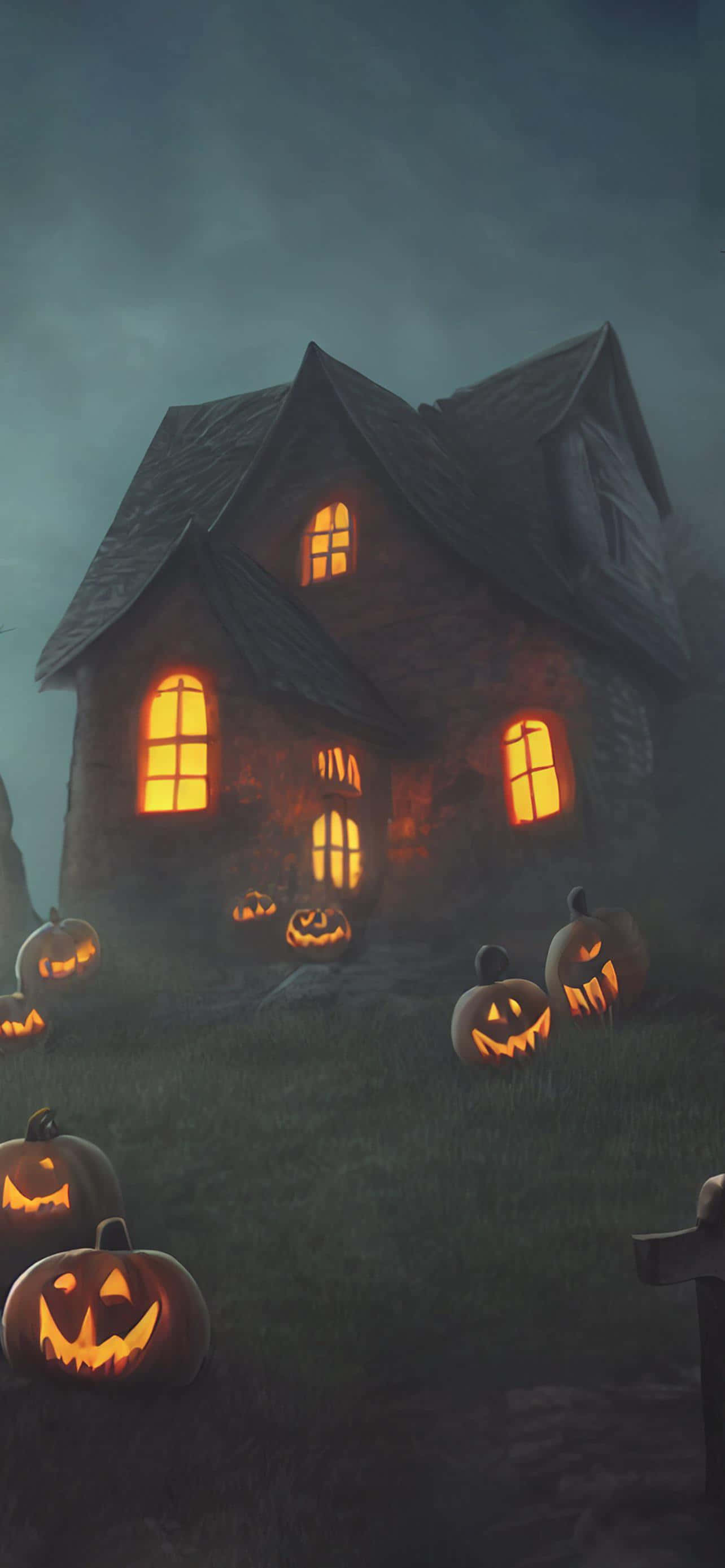 Spooky Halloween 桌布 壁紙 — 一個陰森鬼屋，發光的南瓜燈照亮了黑暗天空下的霧氣墓地。