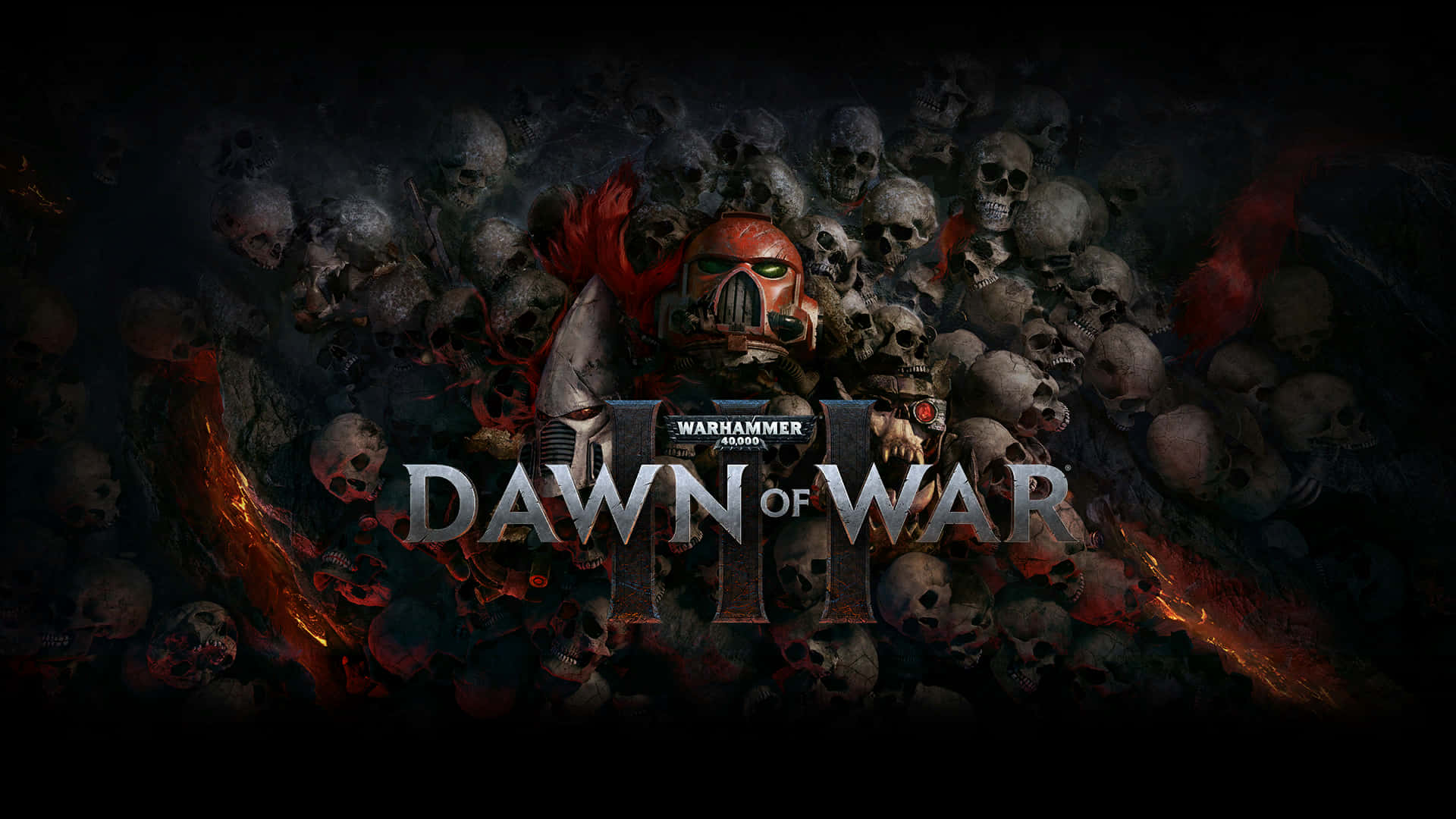 games 桌布 壁紙 — 一個陰沉的 warlord 身穿紅色盔甲，站在一片頭骨海洋中，擁有火紅的翅膀和發光的眼睛。