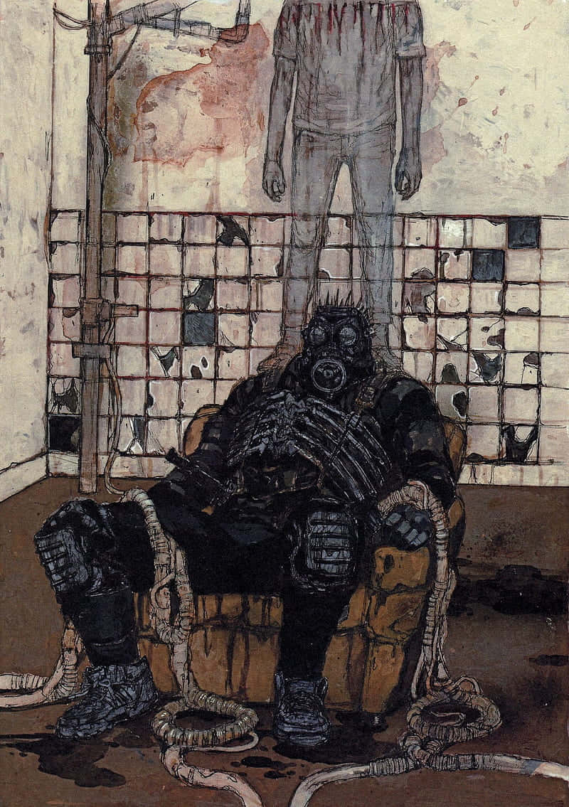 dorohedoro 桌布 壁紙 — 一個陰沉的人物戴著防毒面具和盔甲，被繩子綁在椅子上坐著，身後有一個血淋淋的人體模型在破舊的瓷磚房間中若隱若現。