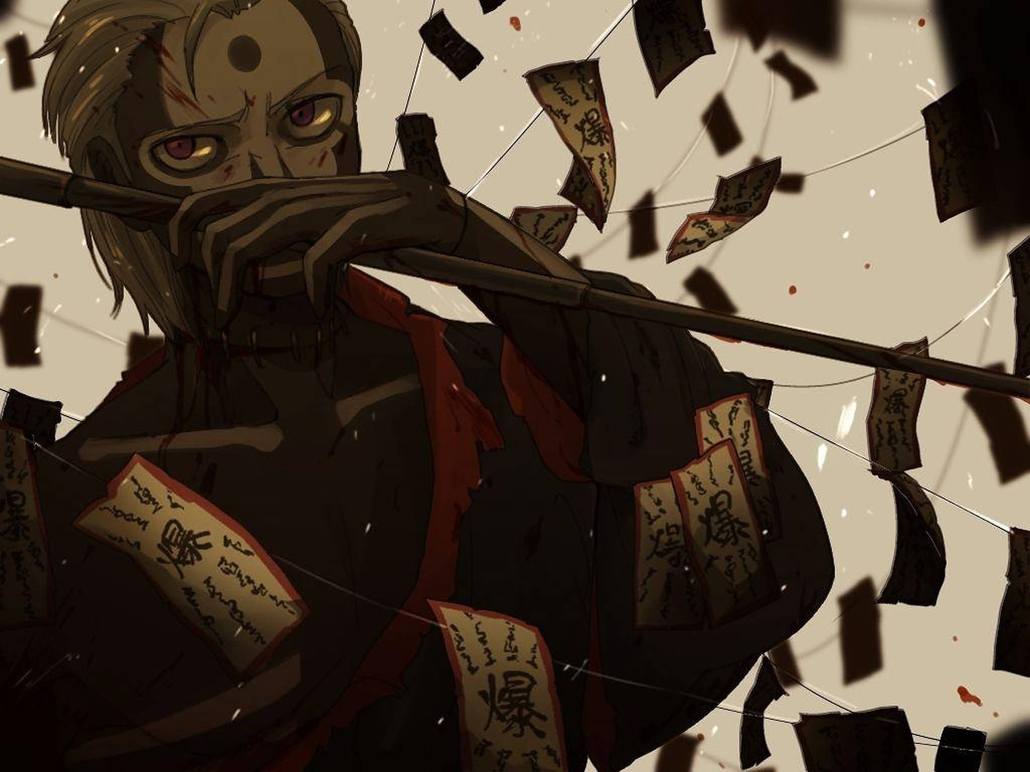 hidan akatsuki 桌布 壁紙 — 一個陰沉的動漫戰士，眼睛發光，在黑暗激烈的場景中，抓住一根桿子，周圍是墜落的詛咒紙張。