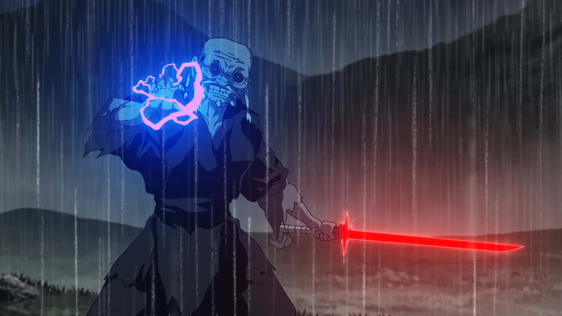 swordsman 桌布 壁紙 — 一個陰沉的動漫戰士在暴雨中揮舞著一把發光的紅色劍，頭部周圍有藍色能量輪廓。
