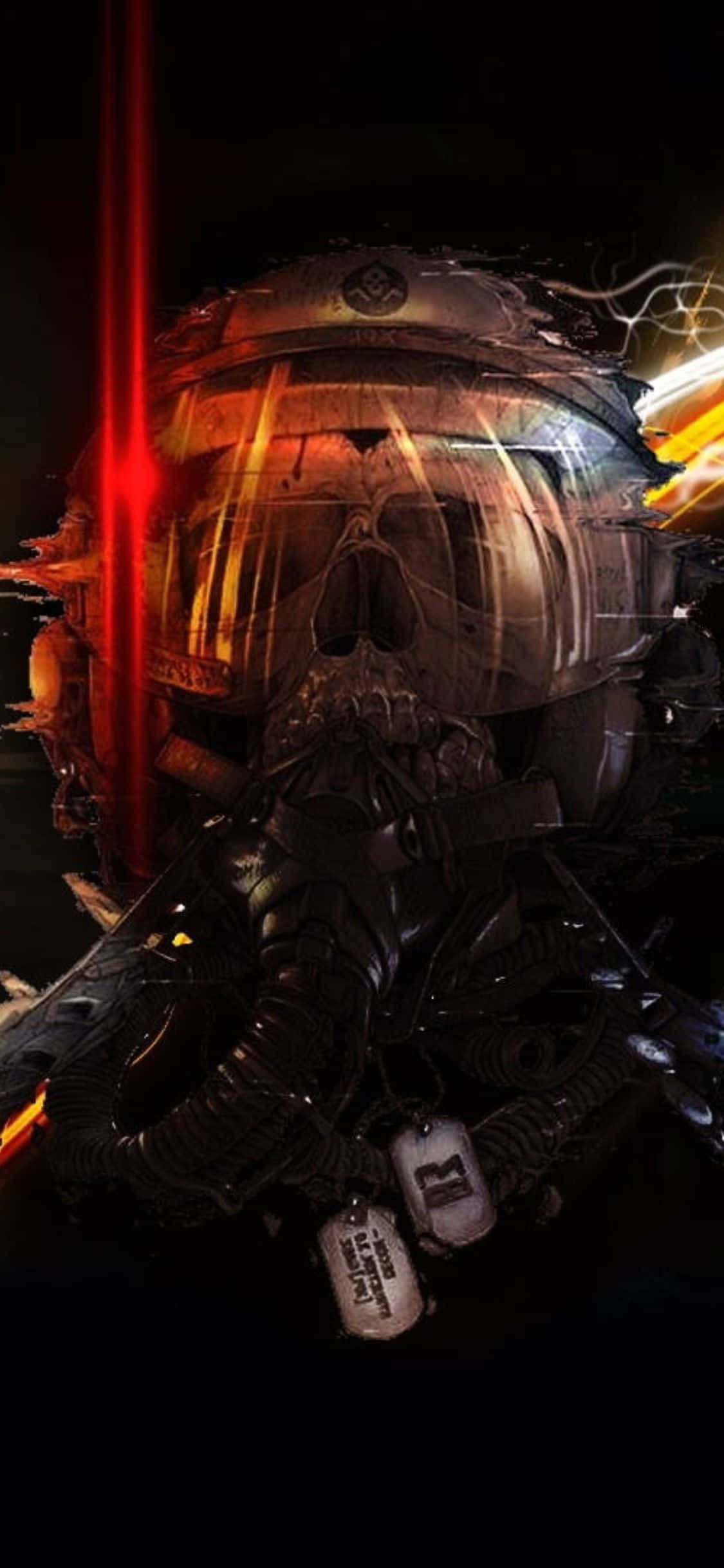 iPhone Xs Battlefield 3 桌布 壁紙 — 一個陰沉的士兵，戴著破裂的頭盔，帶有發光的紅色光芒和骷髏面罩，站在黑暗中。