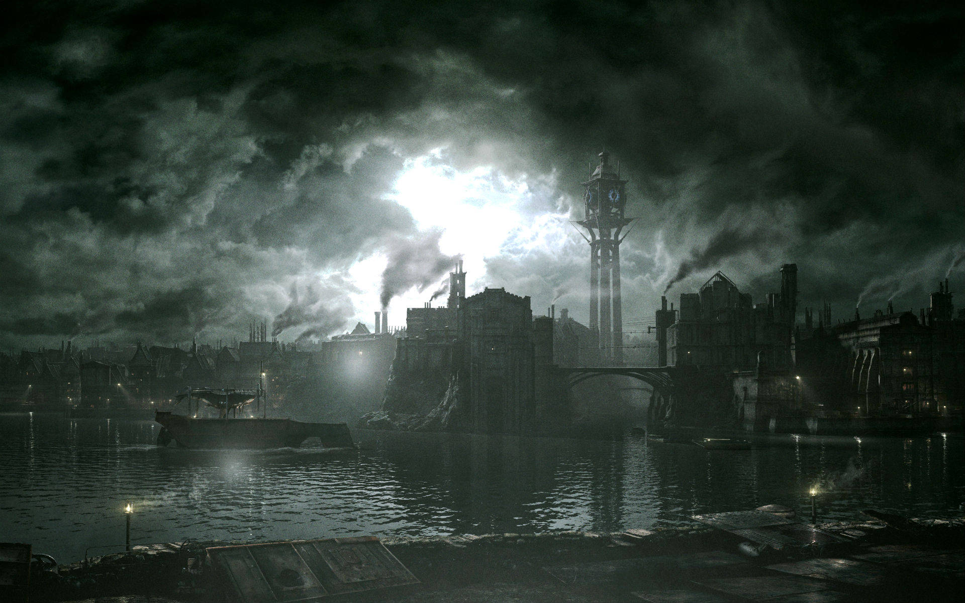 Dishonored 桌布 壁紙 — 一個陰沉的工業城市夜景，煙囪在暴風雨的天空下排放黑煙，伴隨著一輪明亮的月亮。